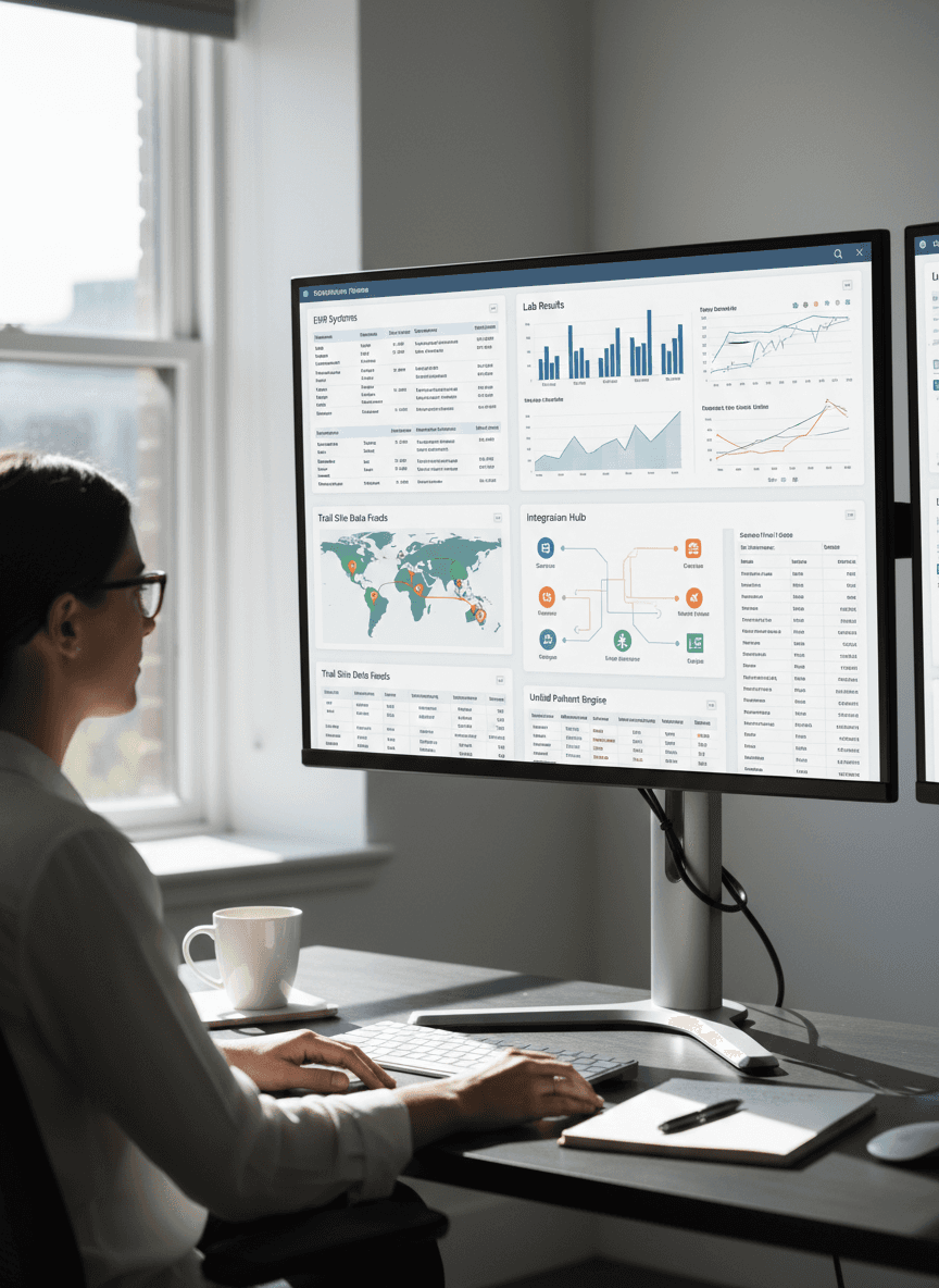 “Clinical data integration dashboard combining EHR records, laboratory results, and multi-site trial data in a unified platform.”