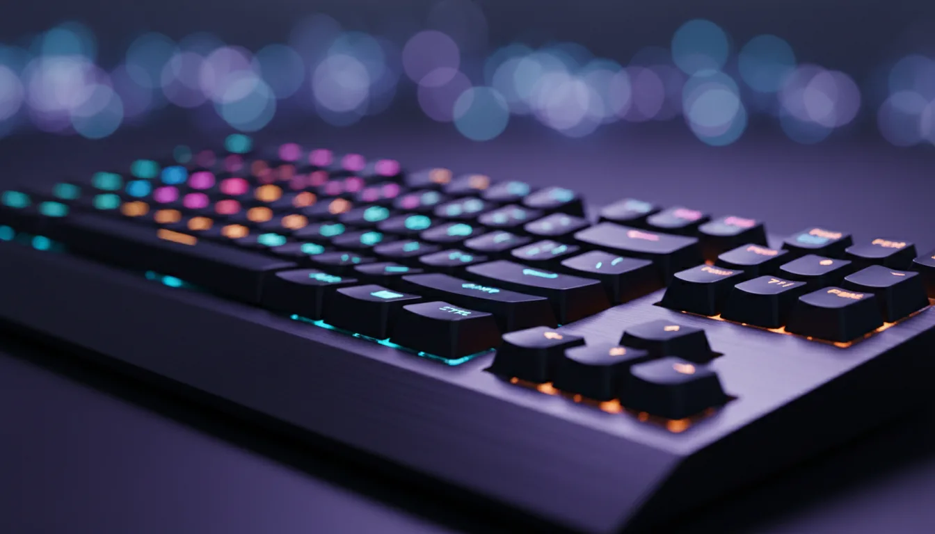 Macro DSLR photograph of a dark mechanical keyboard, low angle shot. Cinematic, moody lighting with a cool purple ambient glow illuminating the matte black keycaps. The keys feature multi-colored RGB backlit legends in magenta, cyan, and orange. Extremely shallow depth of field with a soft bokeh background, keeping only the central keys in sharp focus.