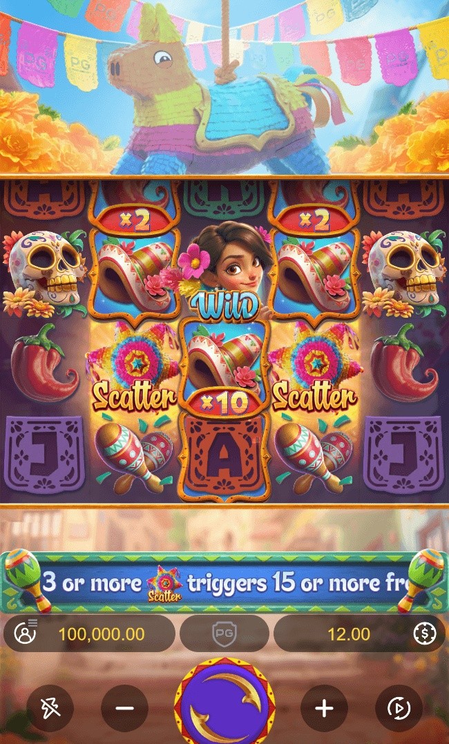 Pinata Wins — grille 5×3 avec Scatters, Wild et multiplicateurs dorés