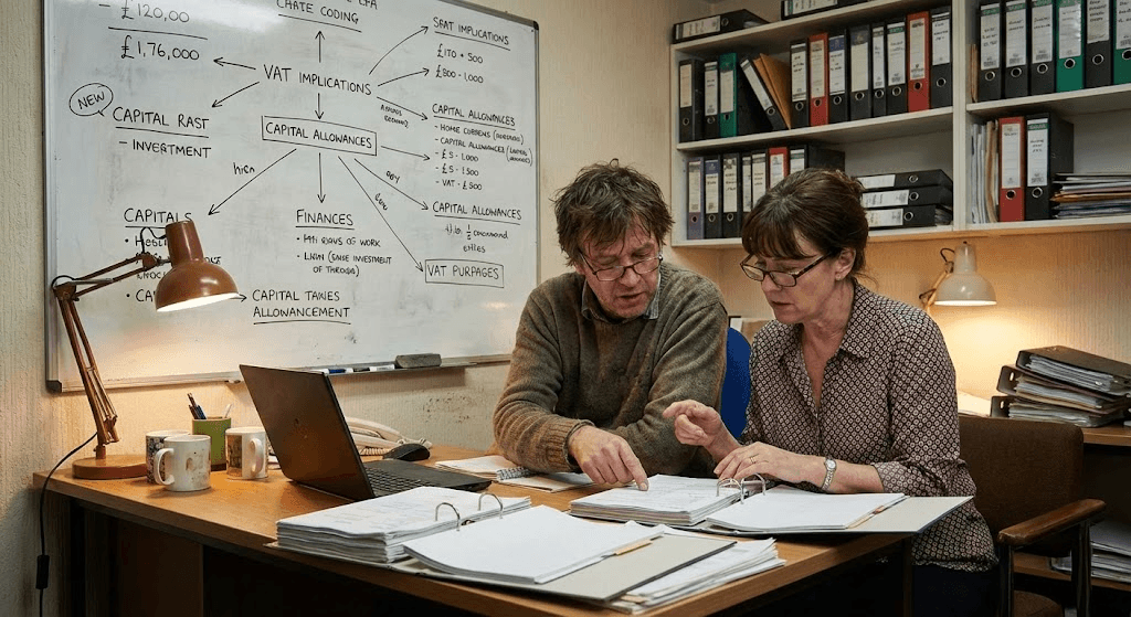 Four workers in black coveralls walk through an industrial facility.