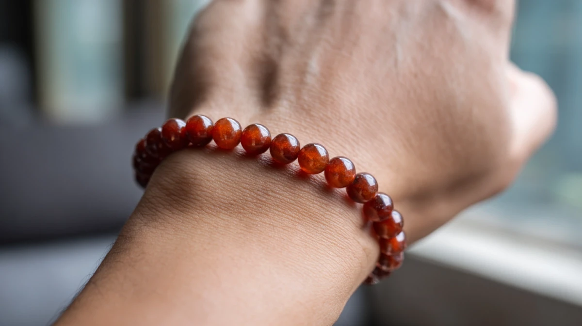 Carnelian bracelet worn on wrist during morning practice