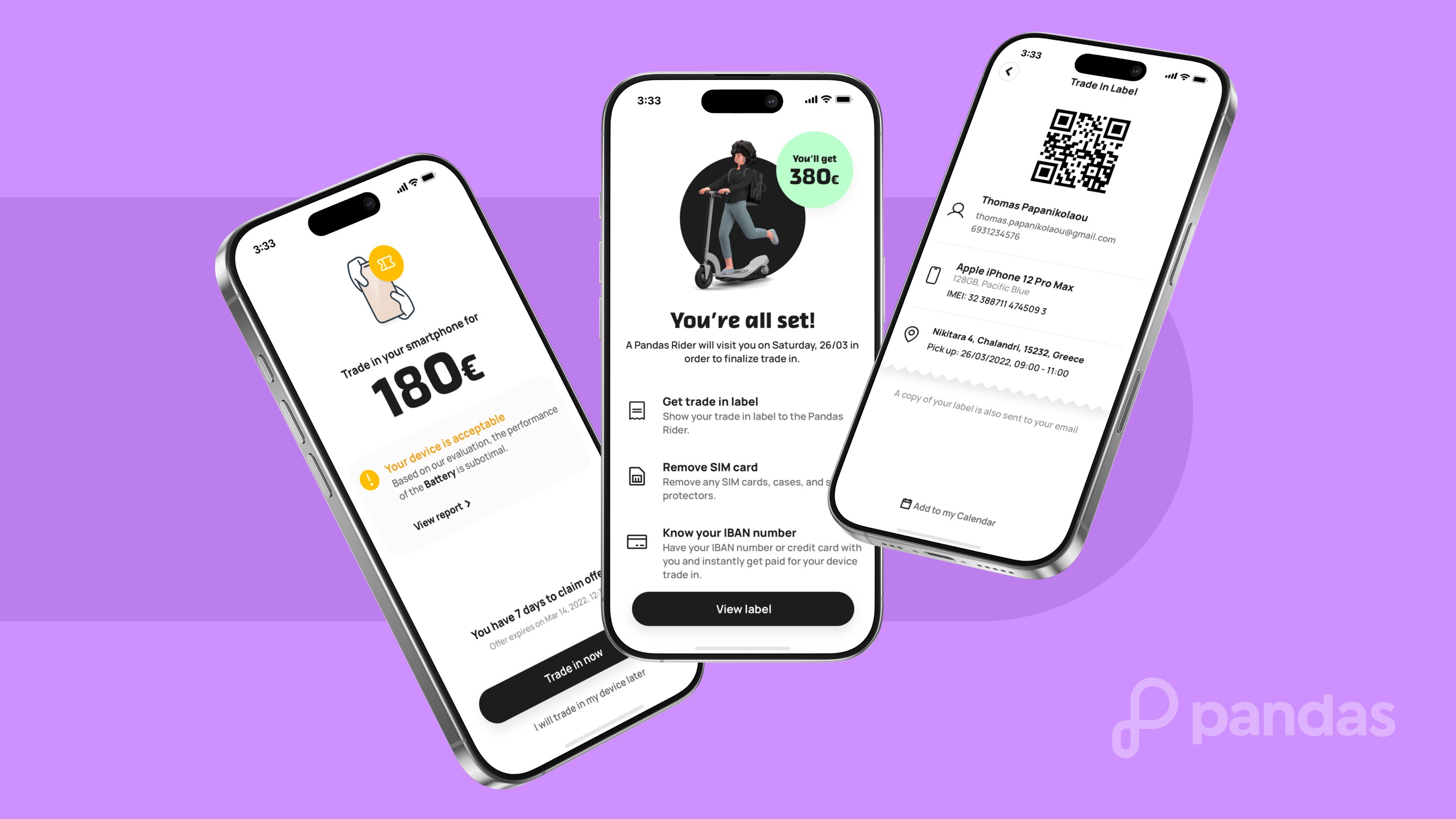 Pandas mobile app showing trade-in amount and device condition label