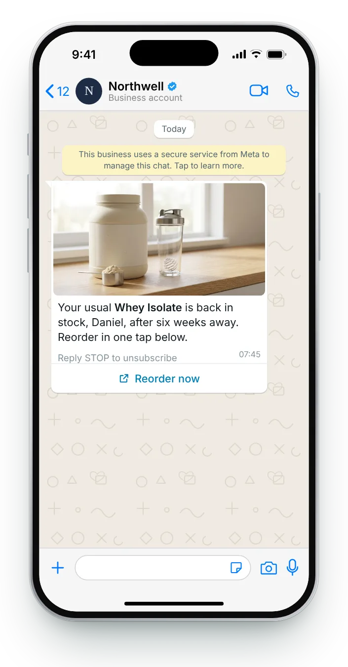 Their usual product is back: WhatsApp restock alert on an iPhone