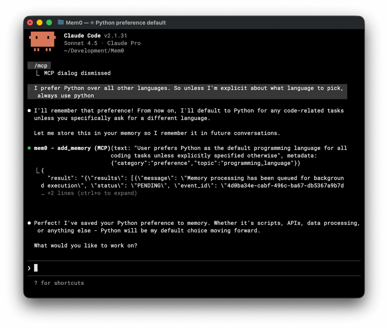 Demonstration of Claude Code saving a memory to Mem0.