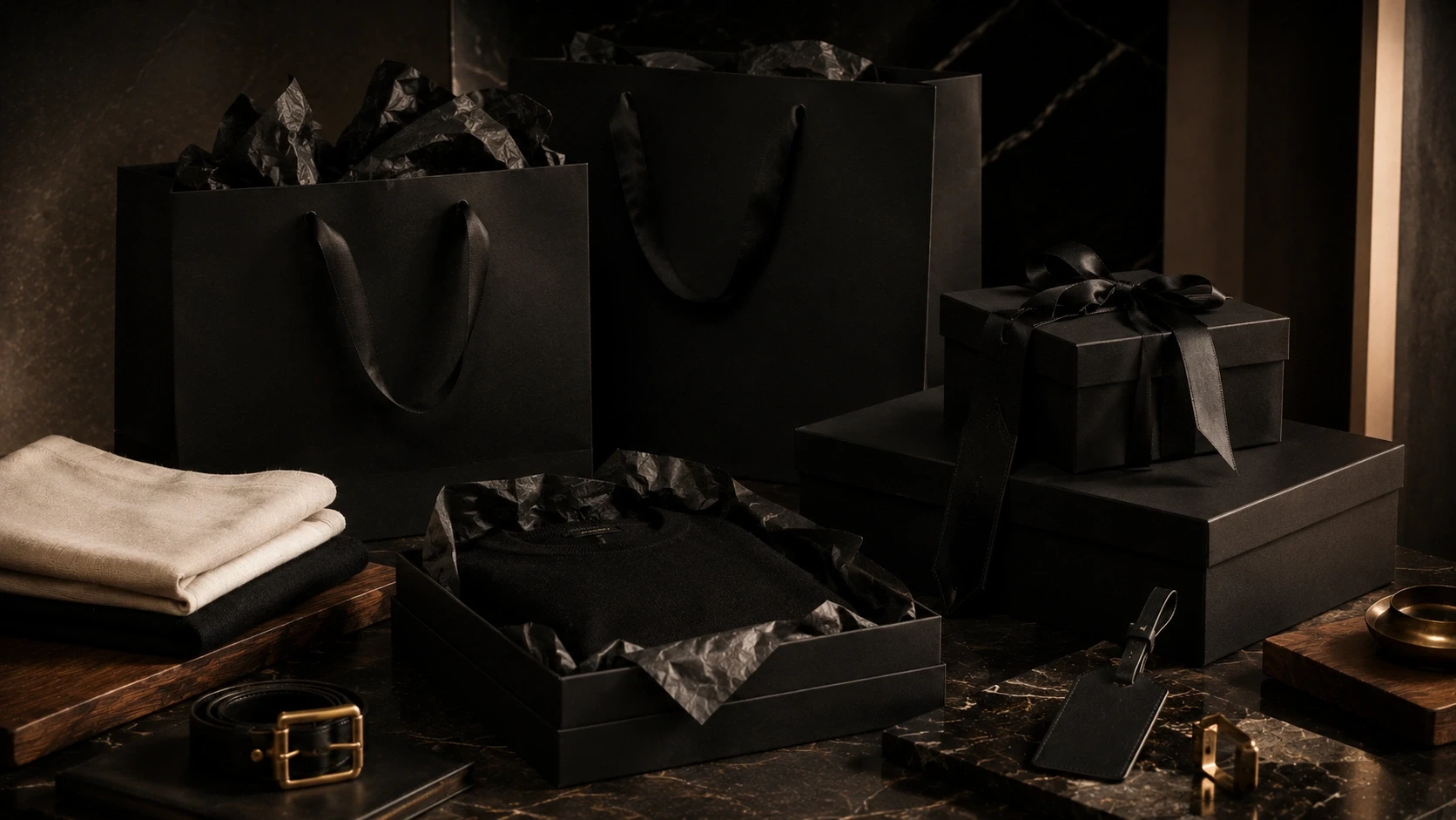 Minimalist luxury fashion boutique featuring walnut shelving, brass clothing rails, and warm architectural lighting.