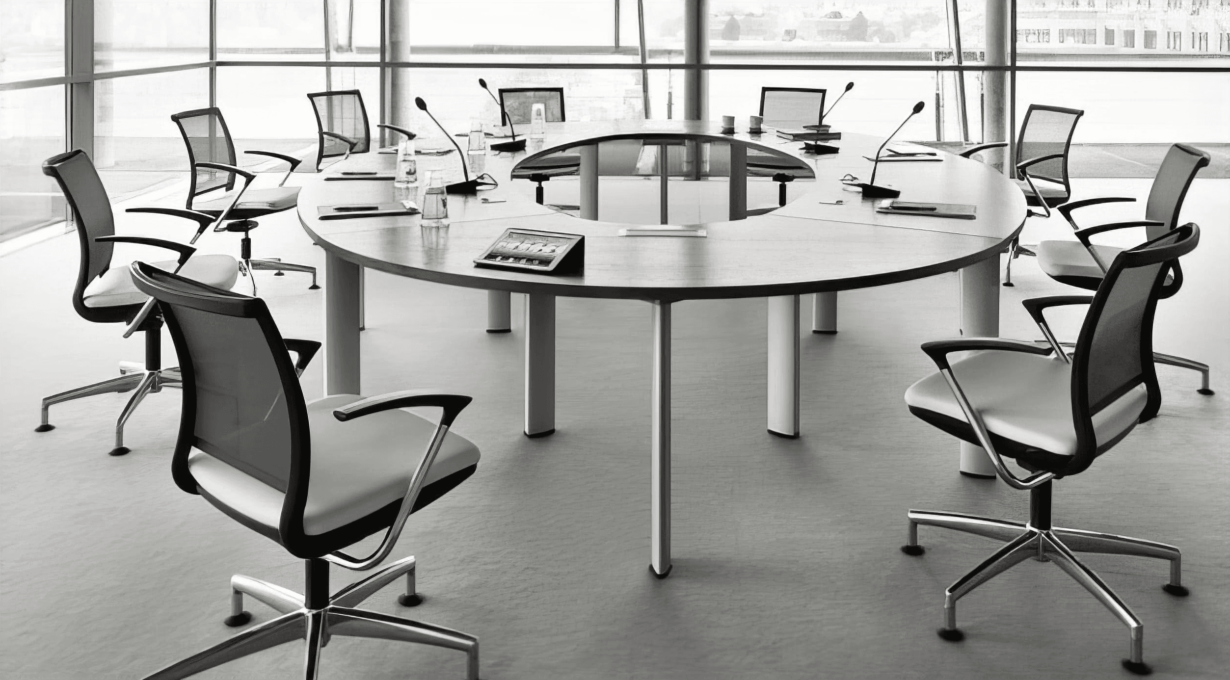 MW Interior  - Runder Konferenztisch mit integrierten Mikrofonen, Displays und schwarzen Netzstühlen in modernem Konferenzraum" Beschreibung: Repräsentativer runder Konferenztisch mit vollintegrierter Konferenztechnik – Mikrofonsäulen, eingelassene Displays und Anschlusstechnik für professionelle Meetingsituationen auf höchstem Niveau.