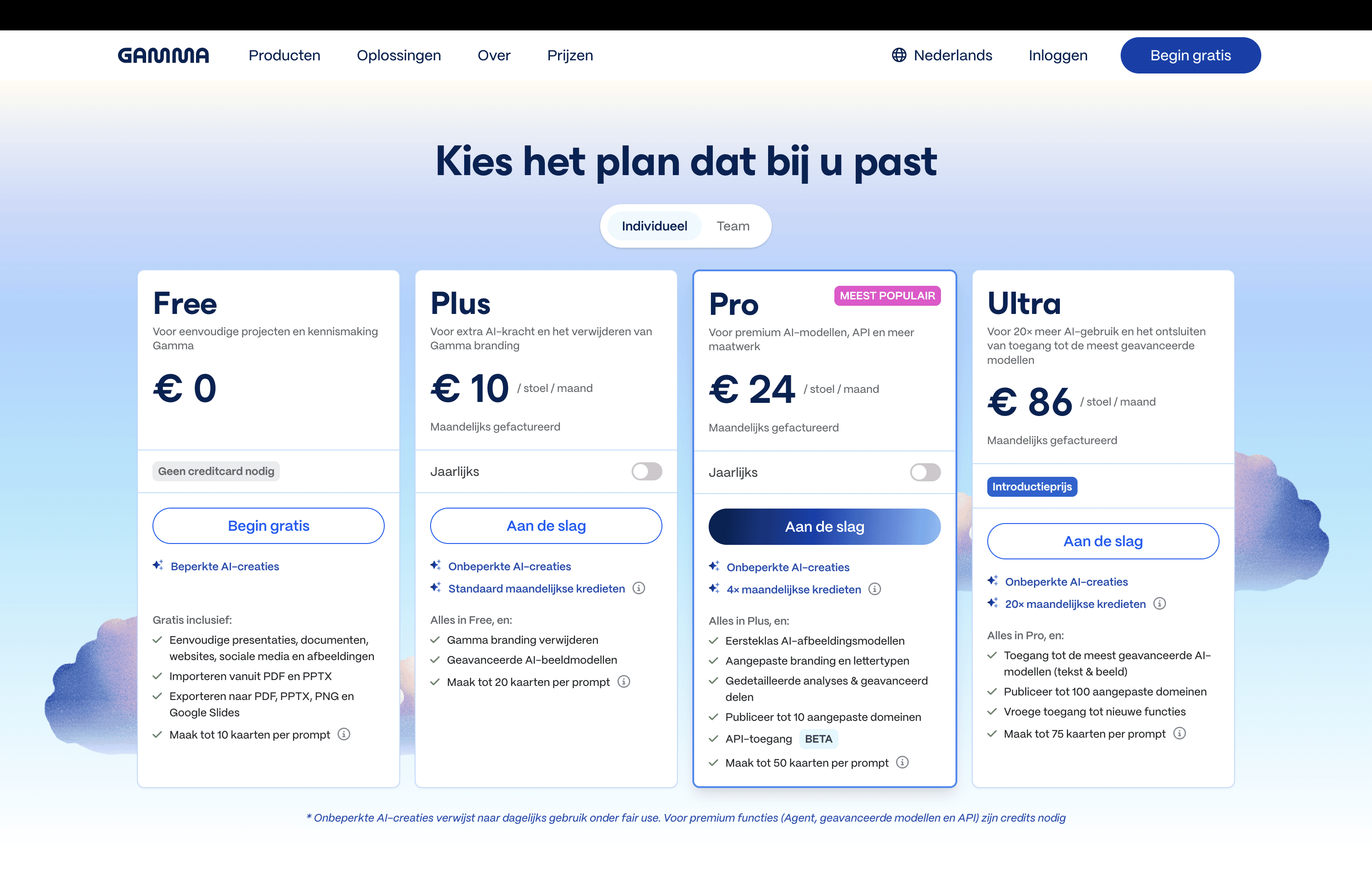 Prijzen van Gamma.app