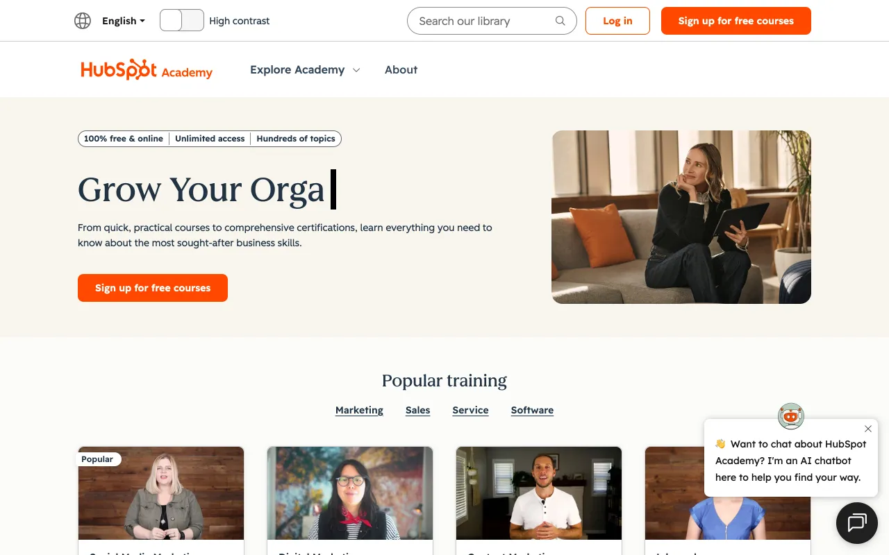 HubSpot Academy homepage, free sales courses and certifications