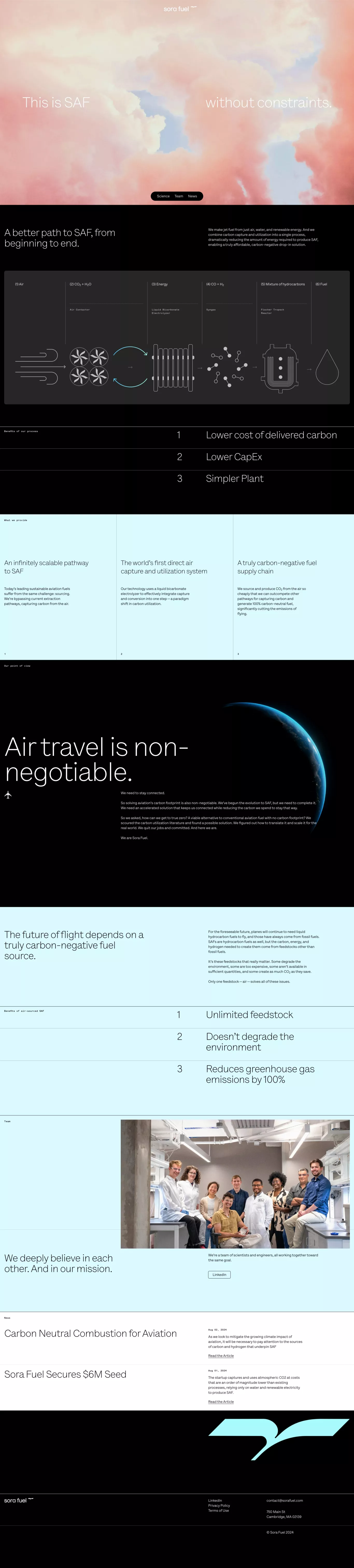 Sora Fuel landing page screenshot showcasing Tech and Nature design