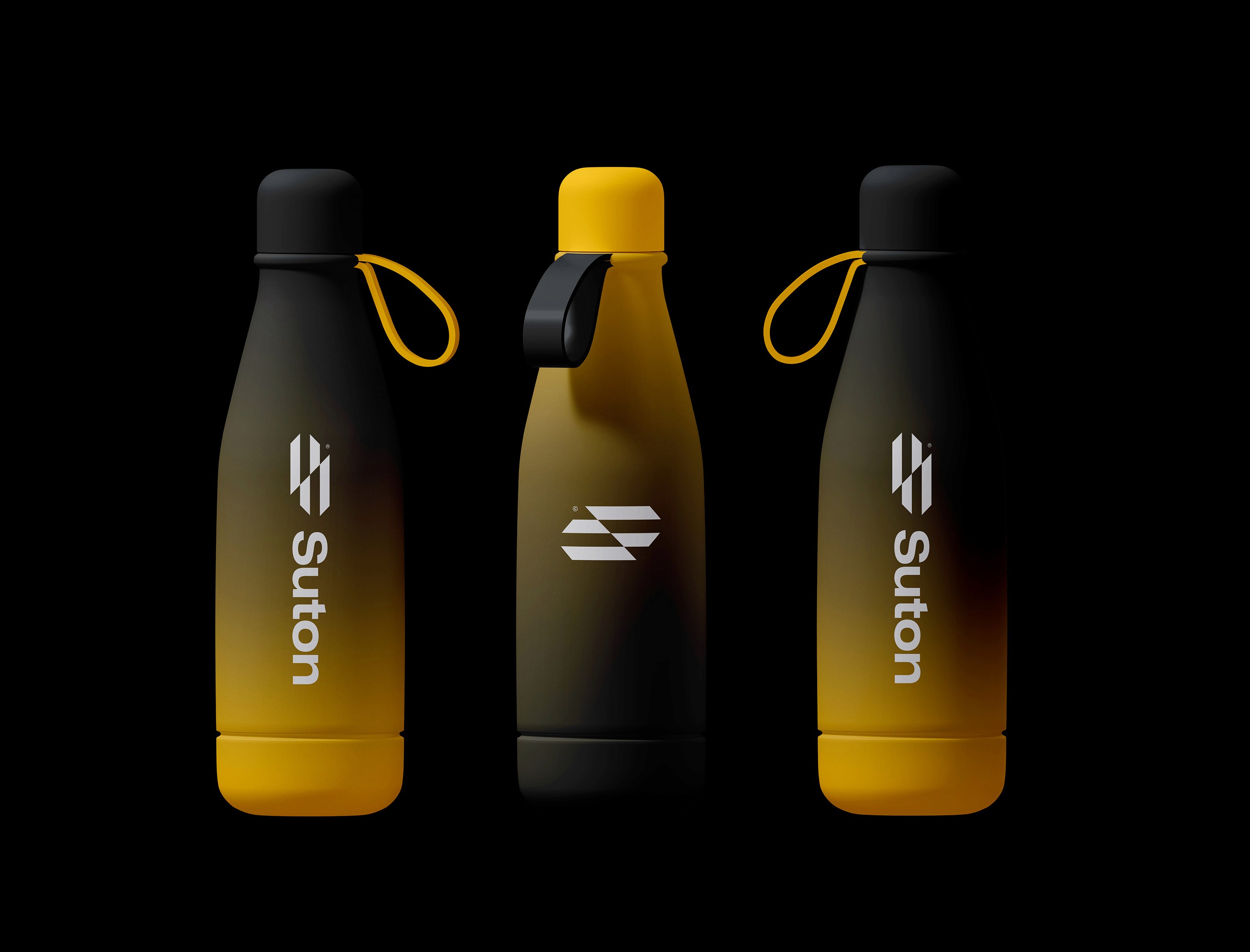 Suton Architecture Company Branded Water Bottles, Black And Yellow Water Bottles. Black background
