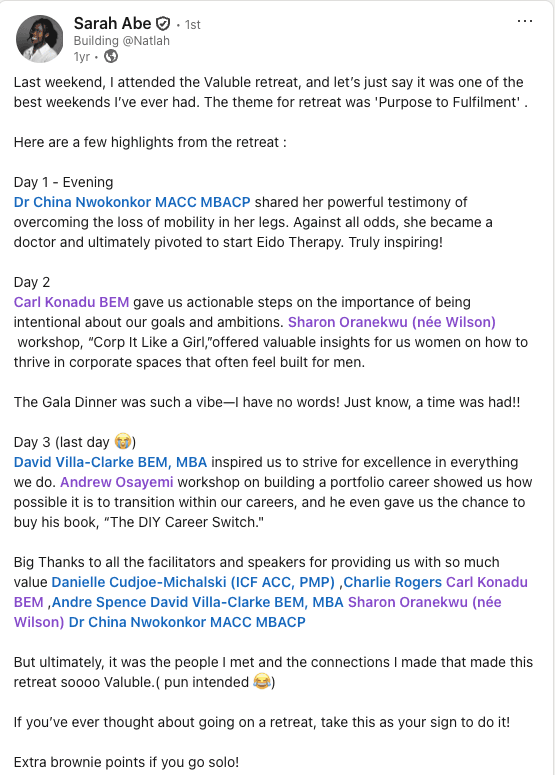 LinkedIn screenshot of a participant sharing their experience at The Valuable Retreat.