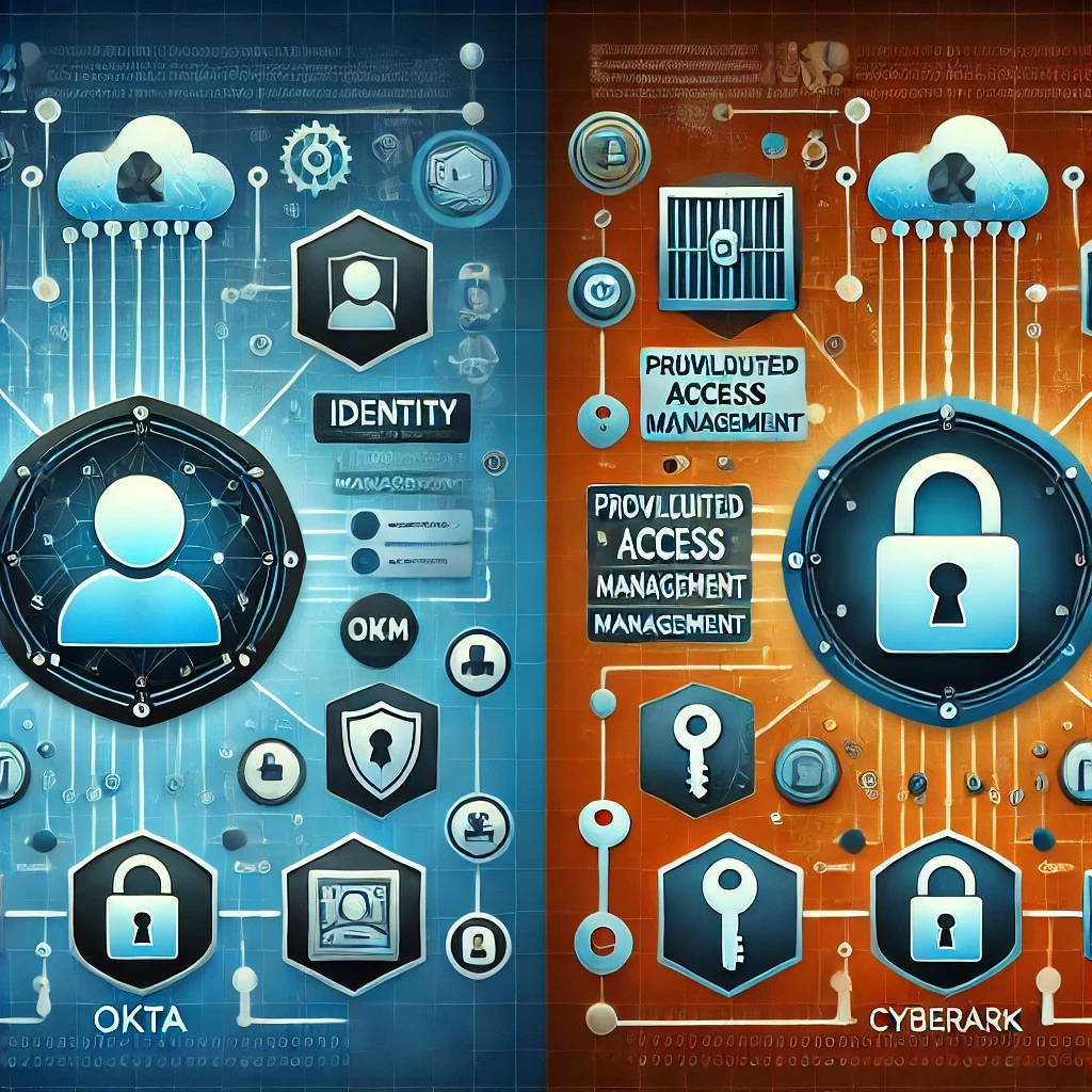 n image comparing two cybersecurity solutions: Okta and CyberArk. The illustration visually contrasts the identity management capabilities of Okta with the privileged access management focus of CyberArk. It features digital icons representing user identity, secure access, authentication, and key management, set against distinct backgrounds to highlight the differences between the two solutions.