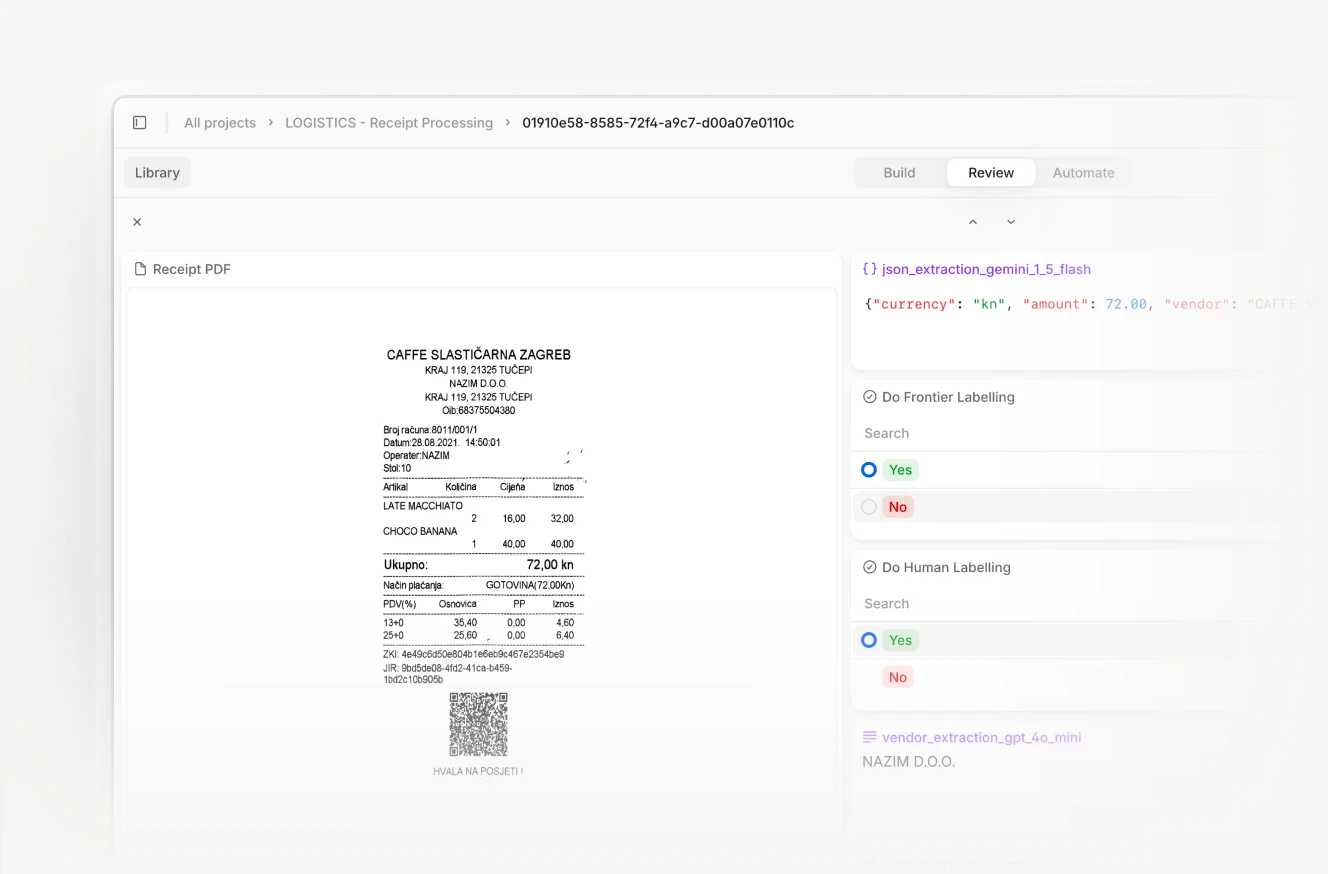 An AI-powered receipt processing tool interface. On the left, a scanned receipt with itemized details is shown. On the right, extracted data like currency, amount, and vendor information are displayed in JSON format.