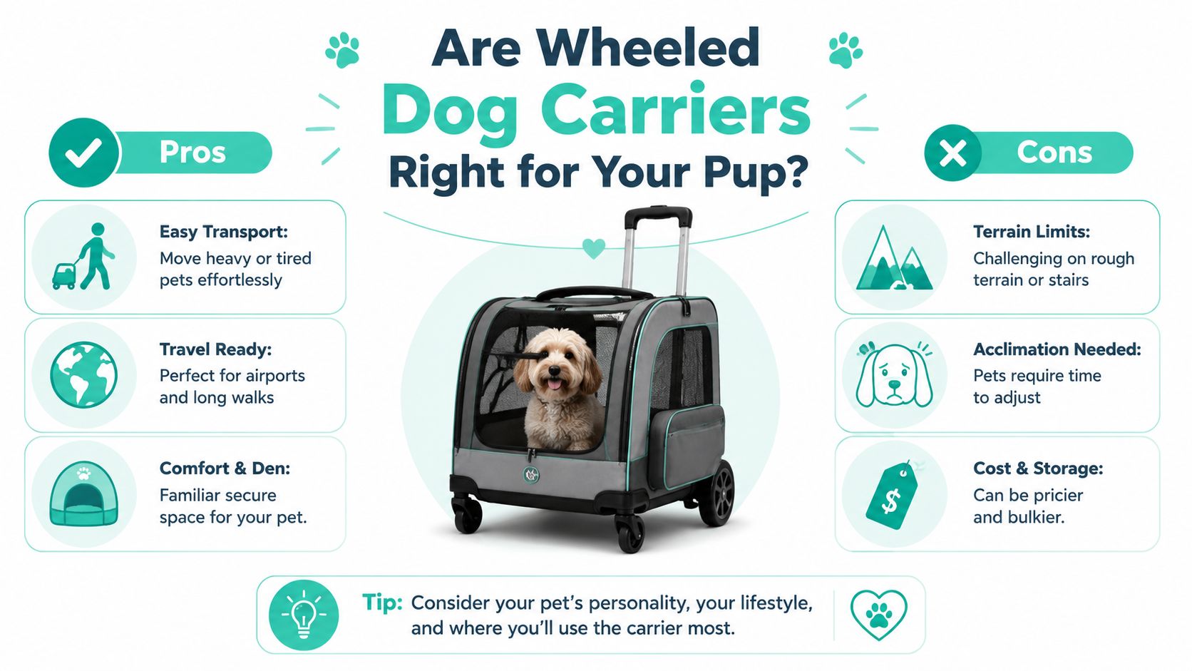 An infographic titled Are Wheeled Dog Carriers Right for Your Pup, highlighting pros and cons of rolling pet carriers.
