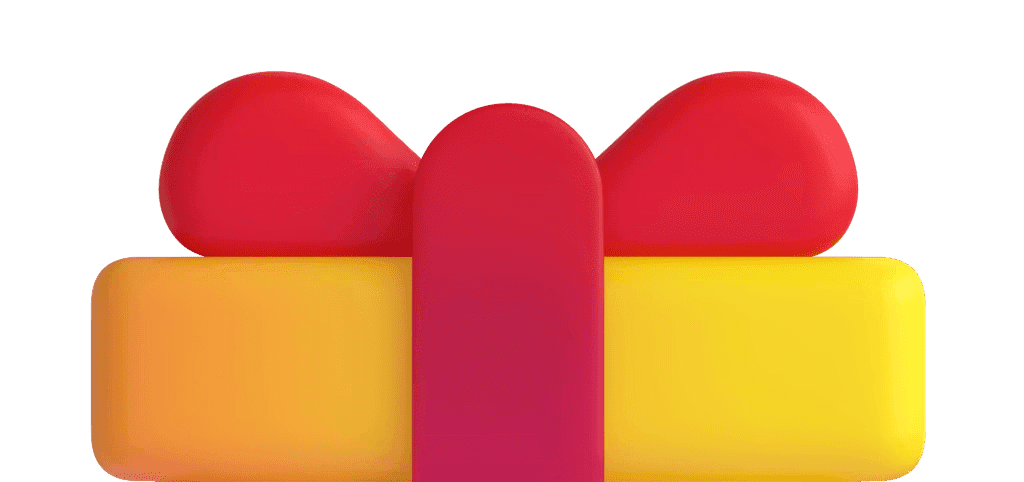 A colorful gift box with a yellow base and a red bow on top, set against a neutral background.