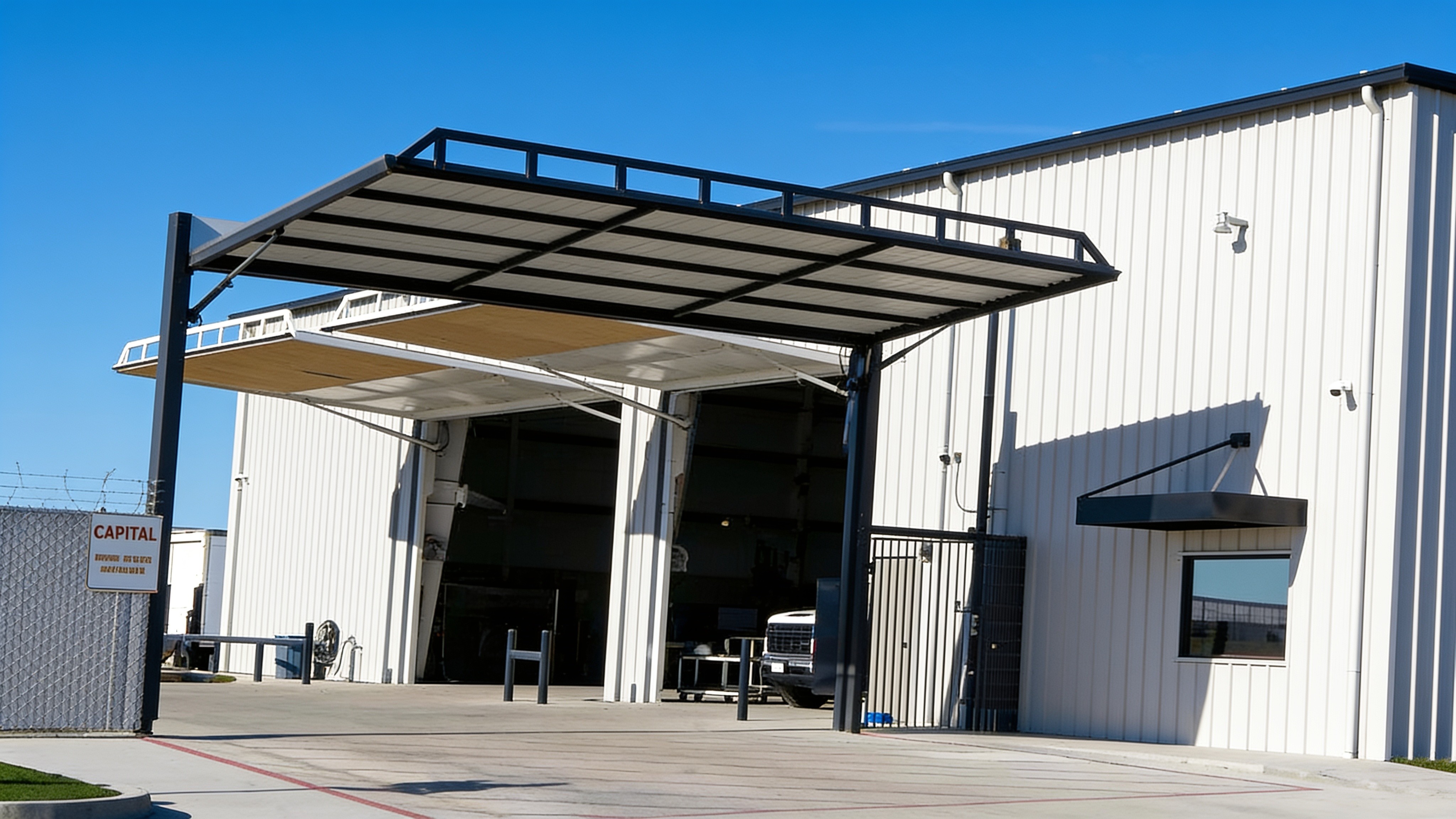 Service bay building with open PowerLift commercial doors