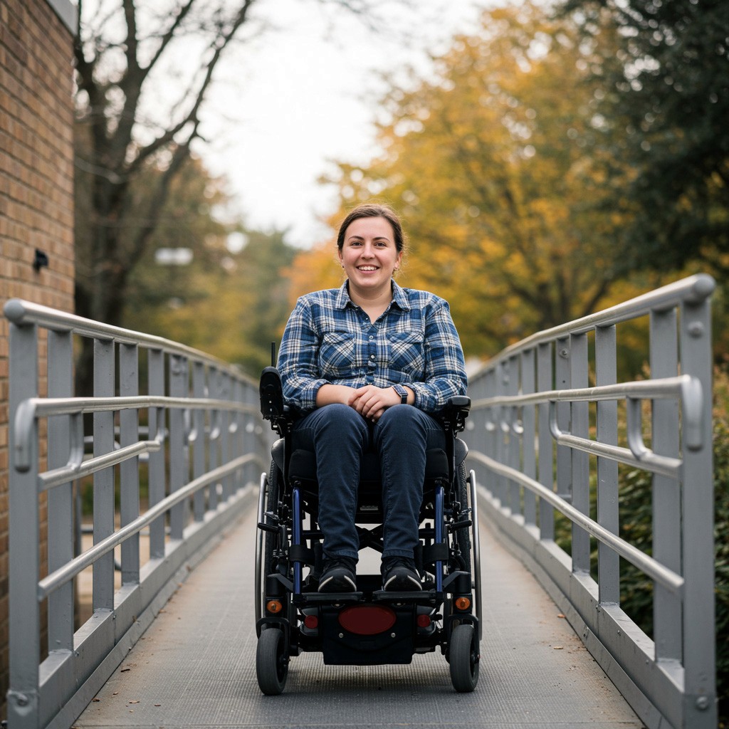 Smiling woman in a plaid shirt using a power wheelchair on an accessible ramp surrounded by autumn trees