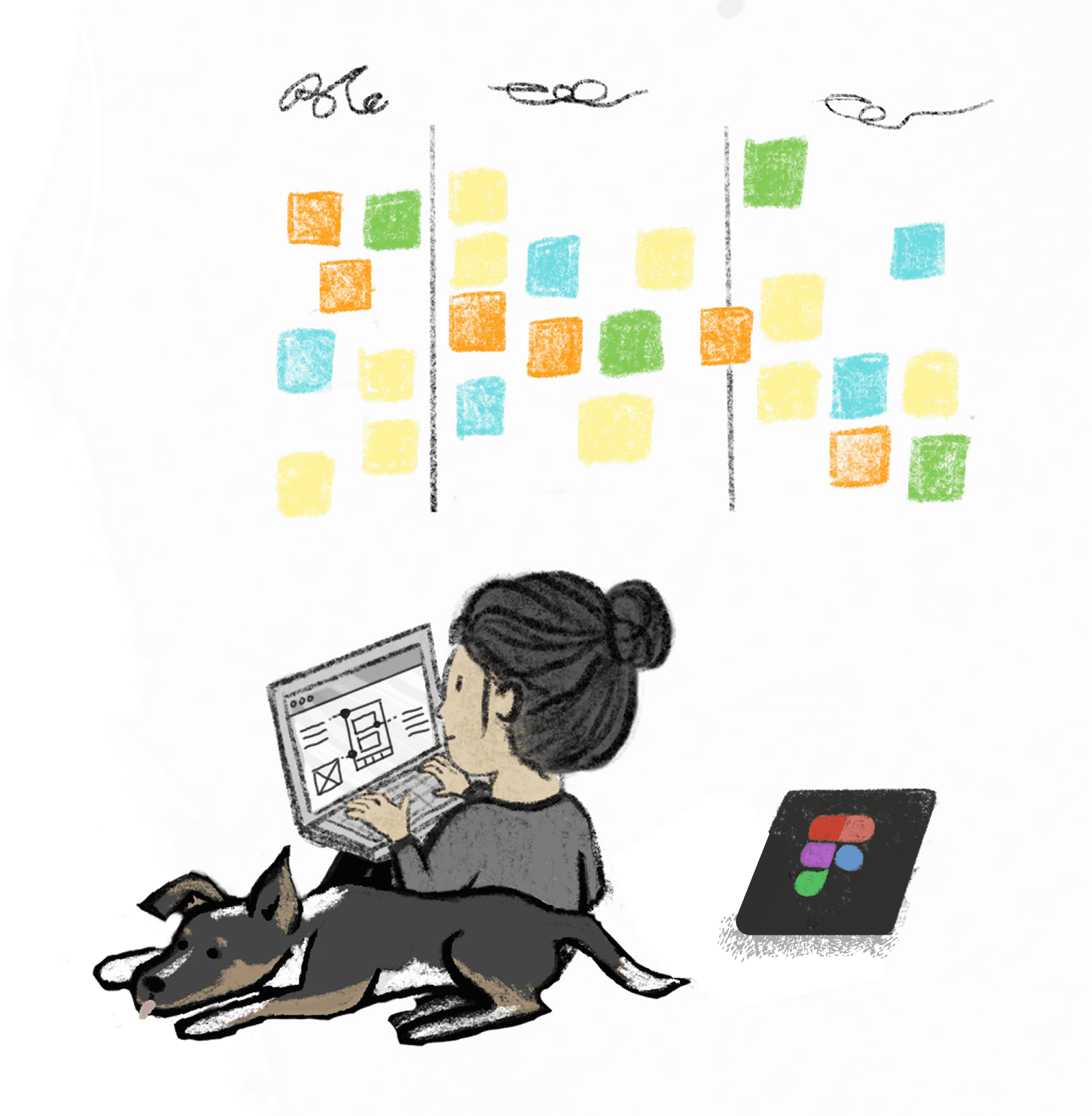 A drawing of a girl on a laptop with sticky notes and a dog, figma and sketch icons are shown