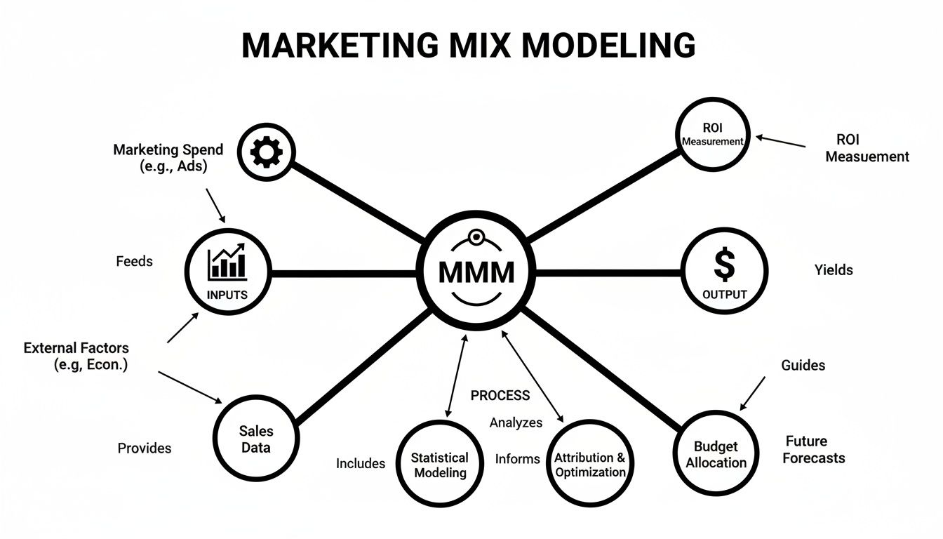 Diagram of Marketing Mix Modeling (MMM) showing inputs, processes, and outputs for marketing strategy.
