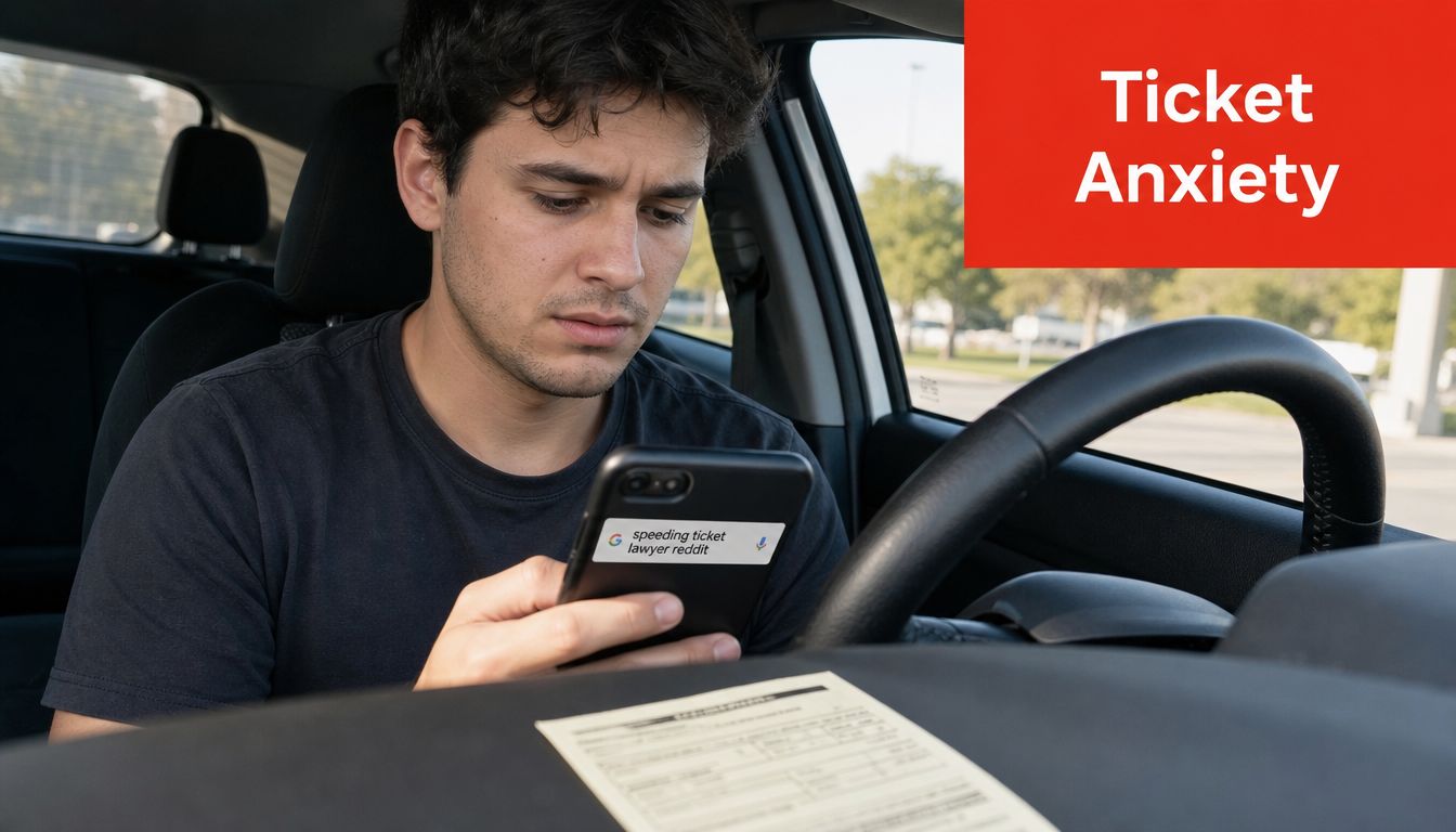 A concerned young man sitting in a car searching for a speeding ticket lawyer on Reddit.