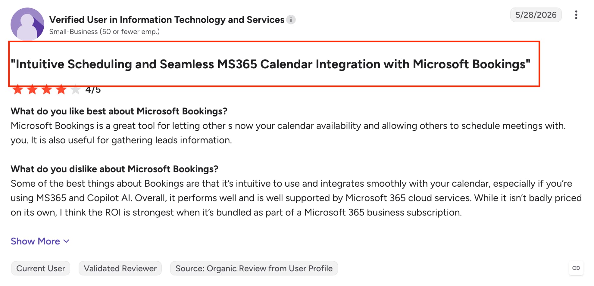 G2 review mentioning Microsoft booking calendar integration