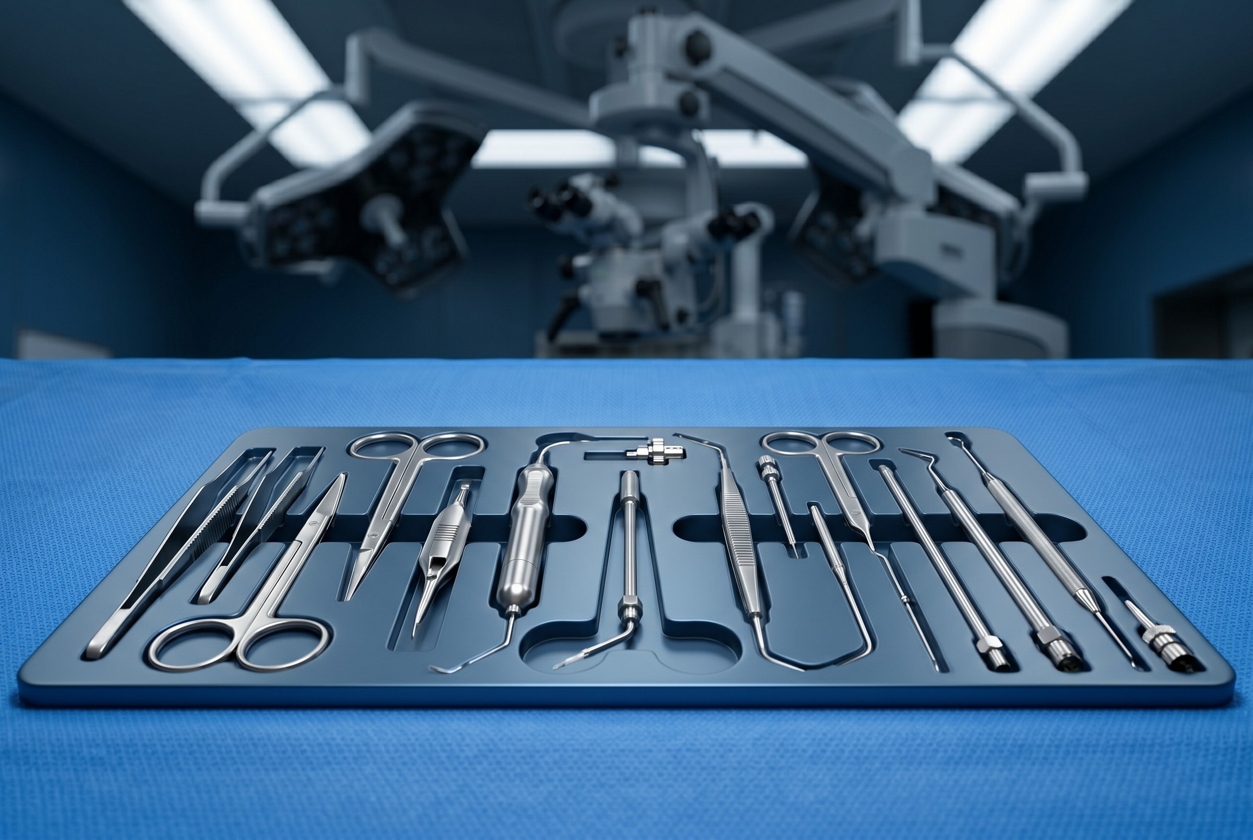 Retinal surgery instrument set arranged on sterile blue drape with one empty slot in the tray and operating room lights turned off in background