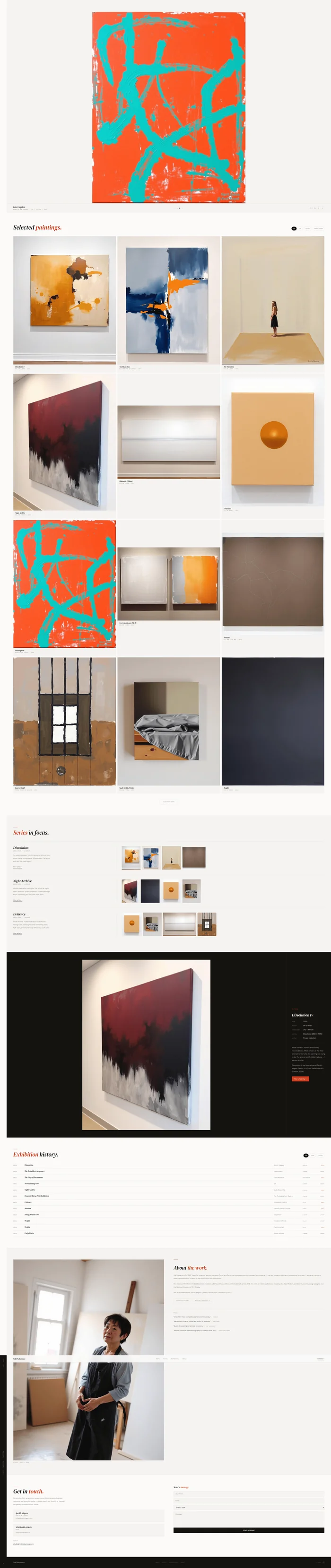 Artist portfolio website prompt full preview — warm off-white background with fixed vertical black spine bearing artist name, DM Serif Display italic headline, full-height painting carousel hero showing large oil painting with caption bar below, and 12-painting grid with filter tabs and hover reveals