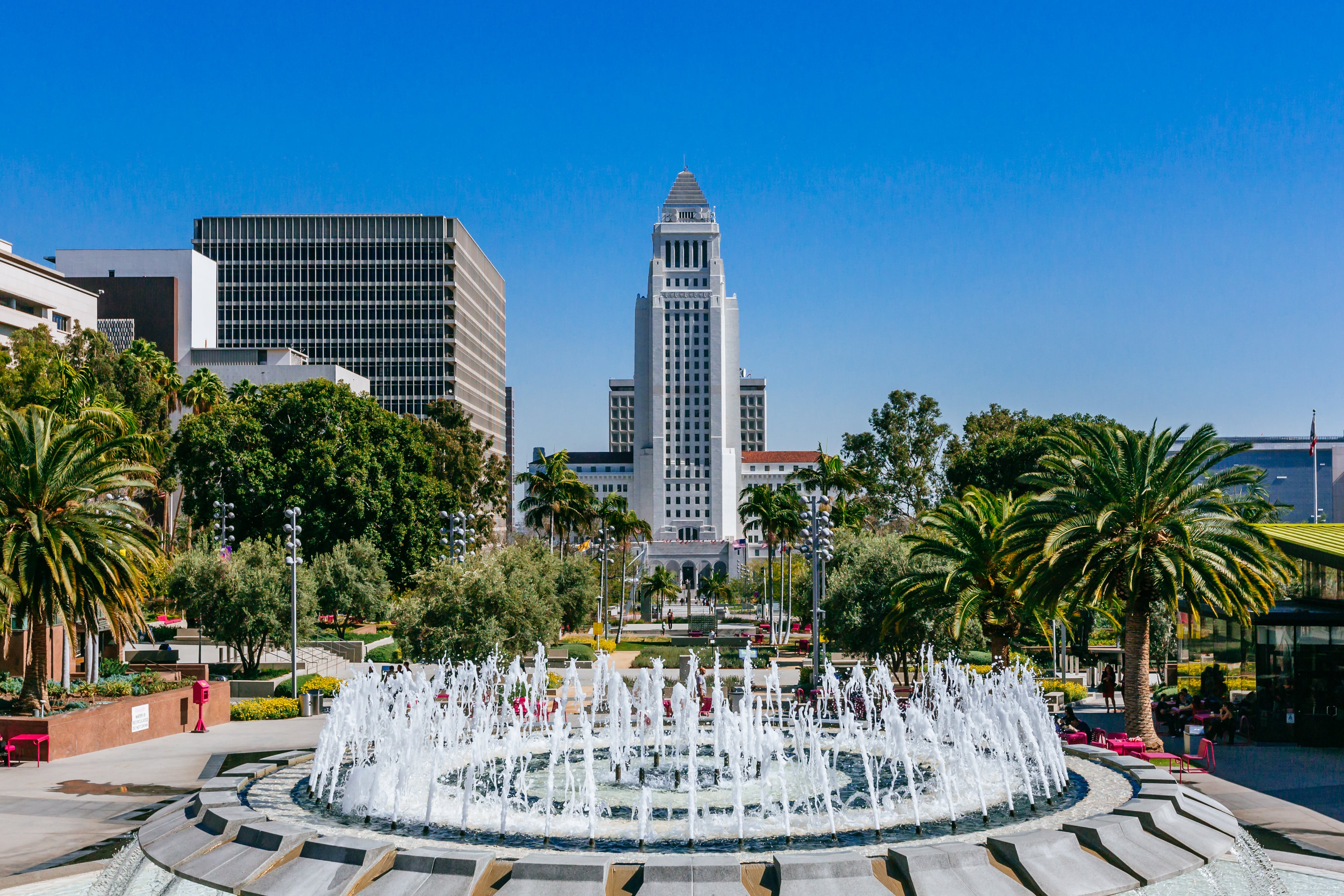 Los Angeles multifamily rent control scene showing Grand Park fountain and Los Angeles City Hall