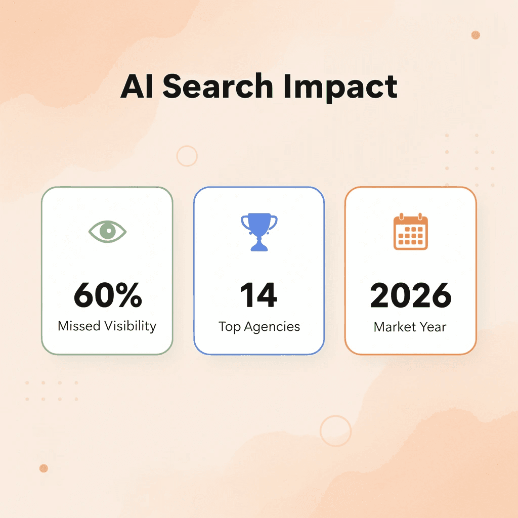 Statistics showing AI search impact with 60% missed visibility, 14 top agencies, and 2026 market data