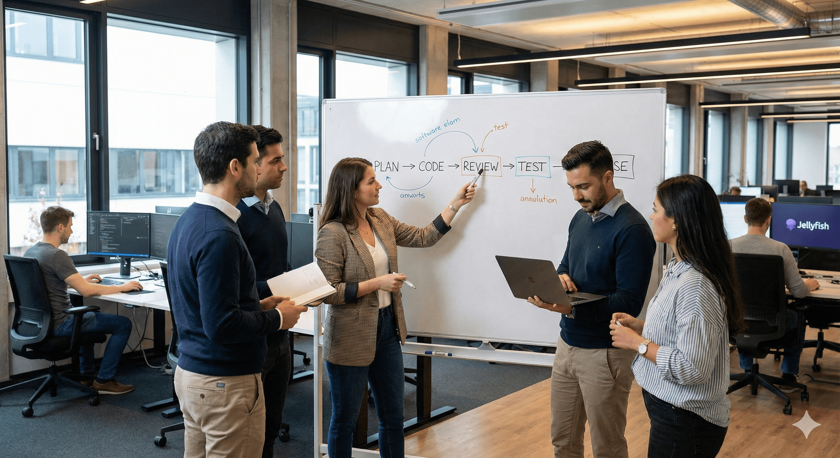 In a modern office setting, a team of five individuals collaborates in front of a whiteboard filled with a software development workflow diagram labeled "Plan," "Code," "Review," "Test," and "Release," embodying AI's impact on project management, with additional activity visible in the background where employees work at computers.