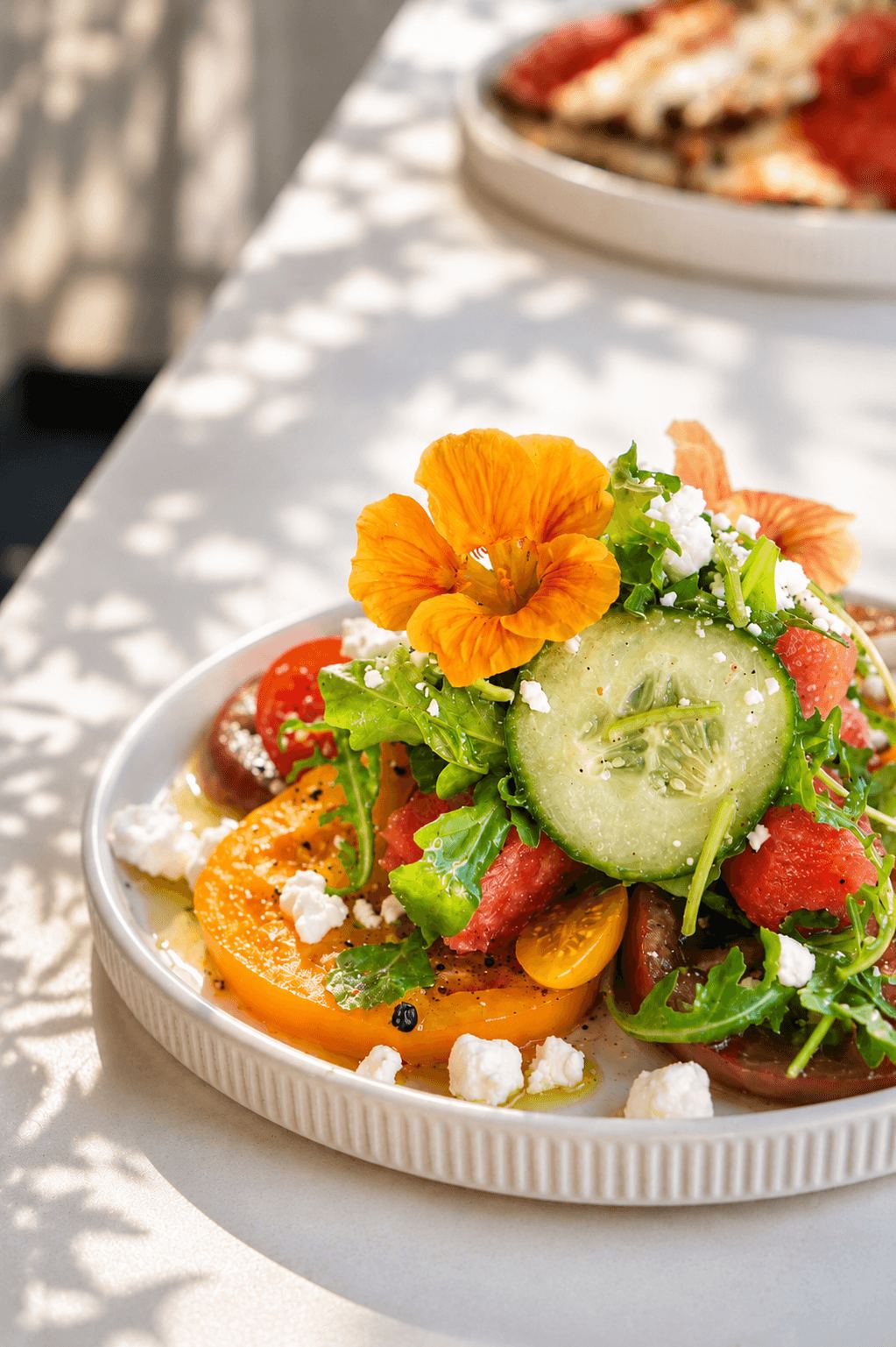 Heirloom tomato and watermelon salad with feta and a nasturtium flower