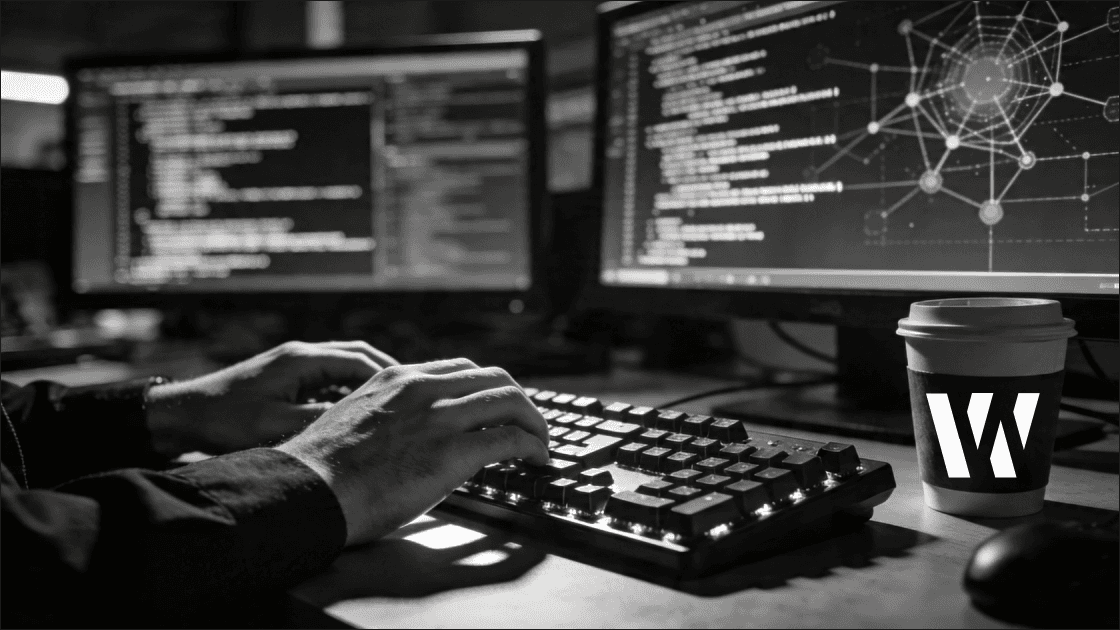 Wide shot of a dimly lit data center corridor with rows of server racks and overhead cabling.