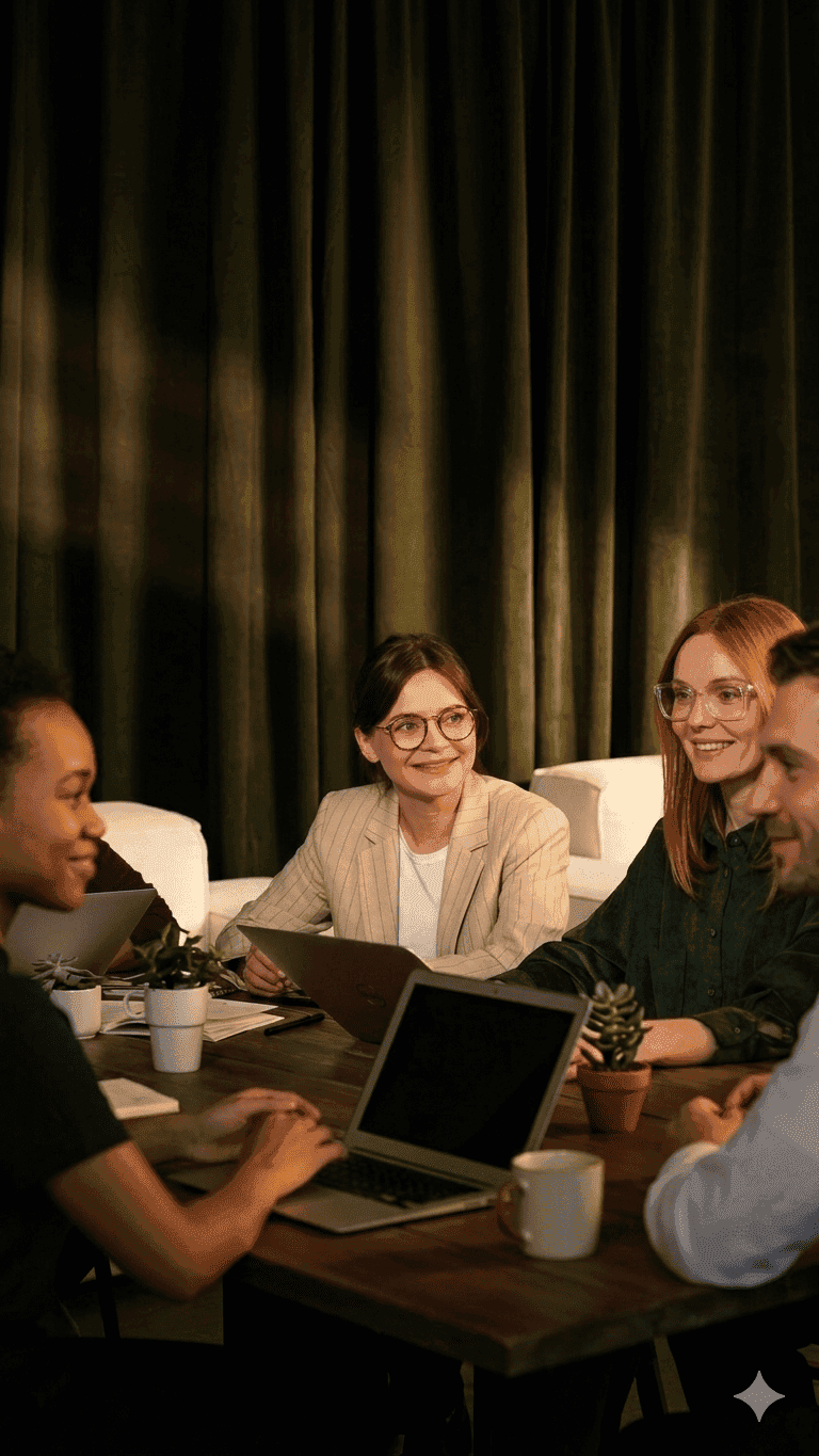 Team-Meeting im Büro: mehrere Personen sitzen gemeinsam am Tisch mit Laptops und besprechen ein Projekt
