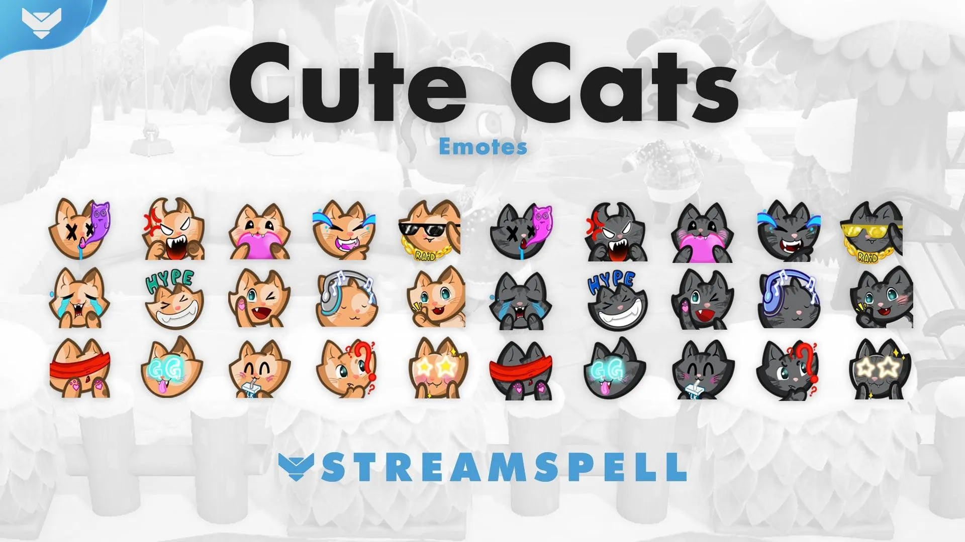 Colorful illustrated cat emotes in various expressions, including hype, rage, crying, and love, from the “Cute Cats Emotes & Badges” collection by StreamSpell. Ideal for Twitch, YouTube, and Discord streamers. Includes 15 cat emotes and 5 subscriber badges in different colors — perfect for cat lovers who want to personalize their stream.