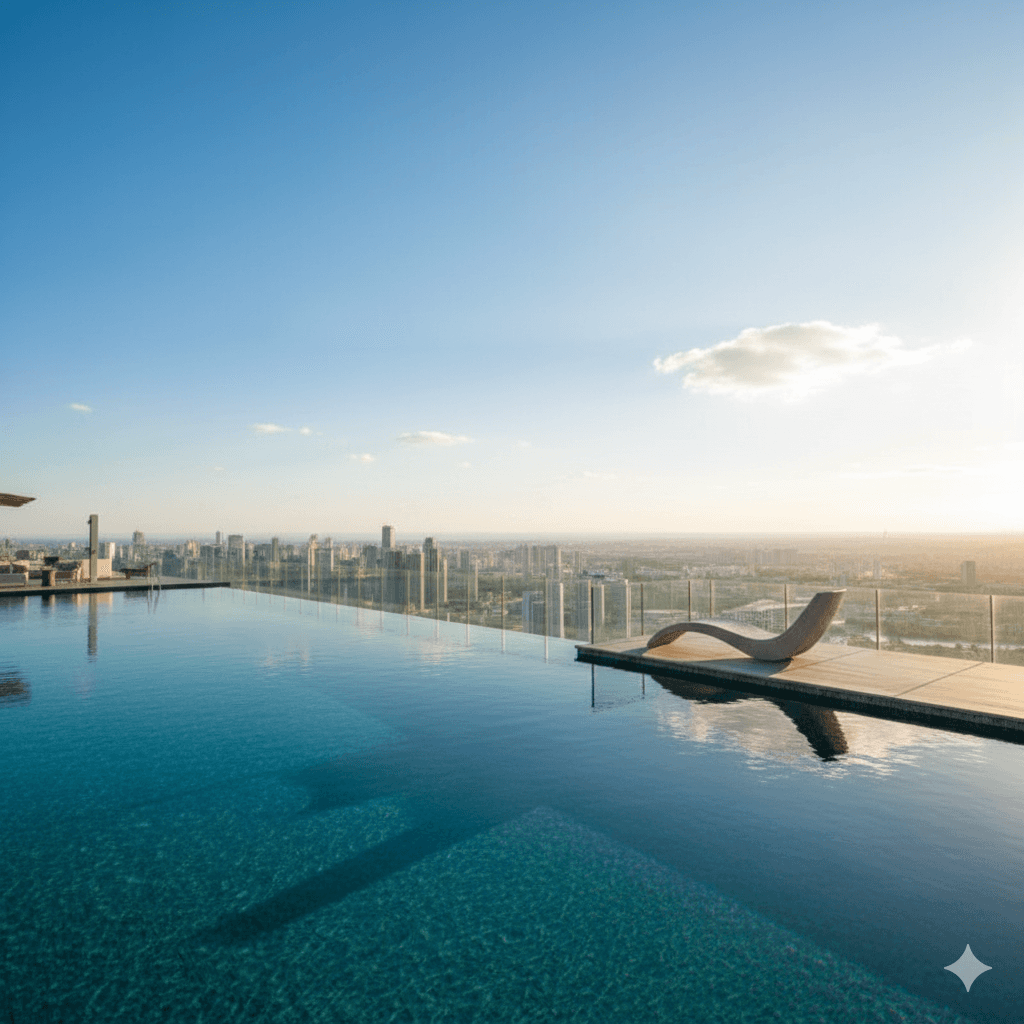 High-rise infinity pool with clear blue sky and city view, luxury living, M3M Sector 79