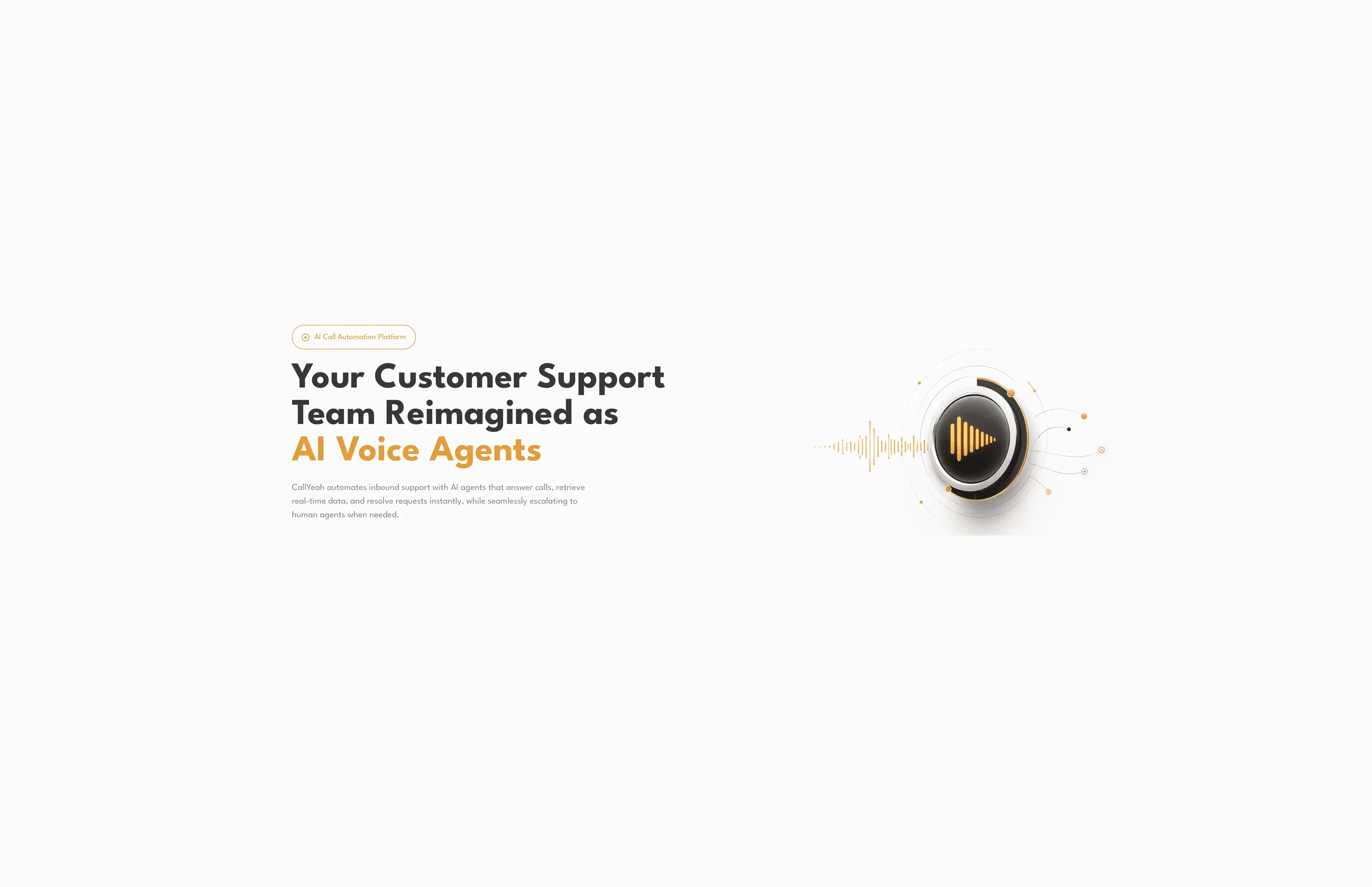 CallYeah product graphic reading "Your Customer Support Team Reimagined as AI Voice Agents," describing an AI call-automation platform that answers inbound calls, retrieves real-time data, and escalates to human agents when needed. Source: CallYeah (ProCogia).