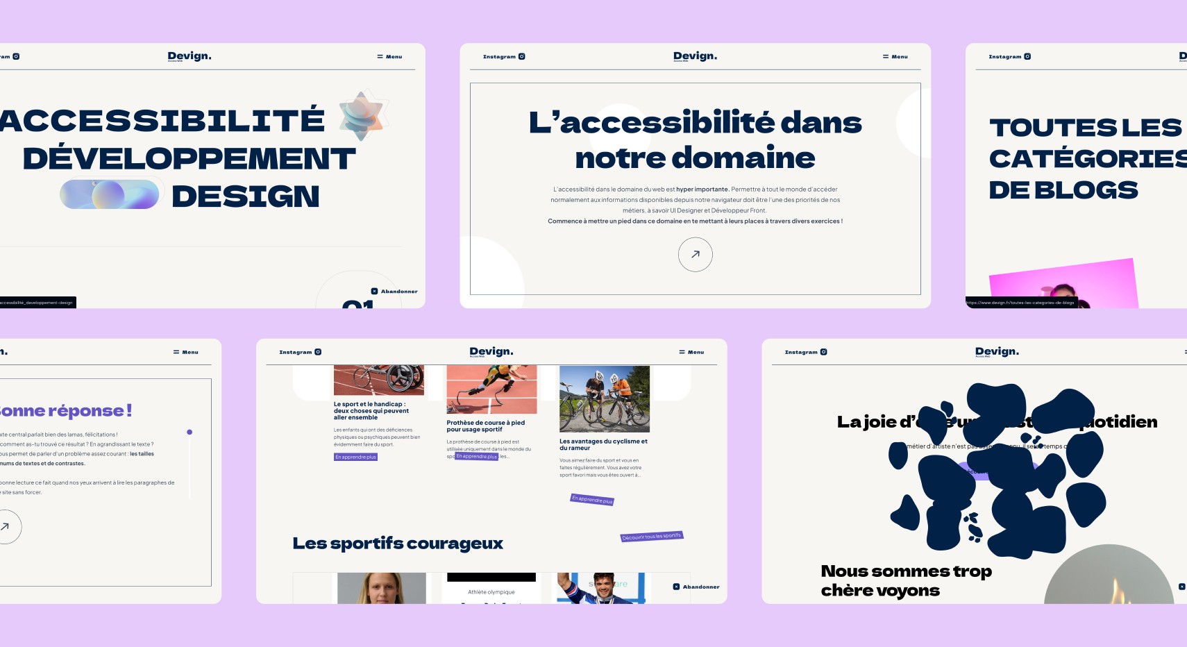Images montrant plusieurs écrans du site internet Devign, l'accessibilité Web