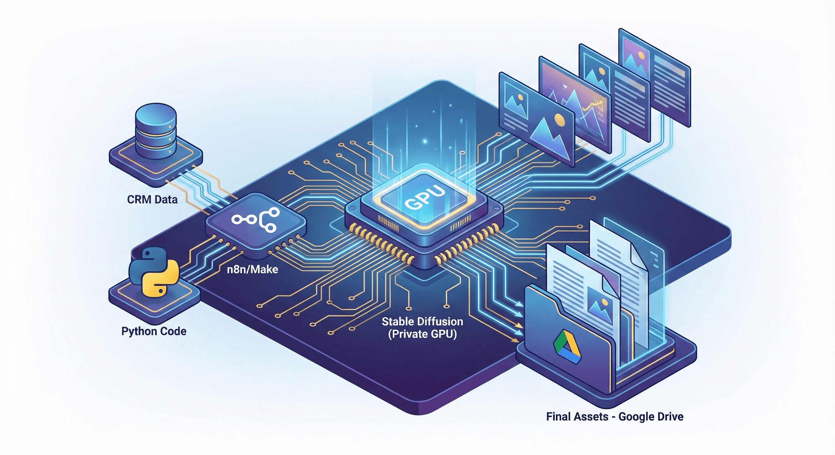 An isometric technical infographic illustrating an automated B2B creative pipeline. The diagram shows data flowing from CRM and Python scripts through an n8n orchestration node and a private Stable Diffusion GPU, resulting in final assets delivered to Google Drive