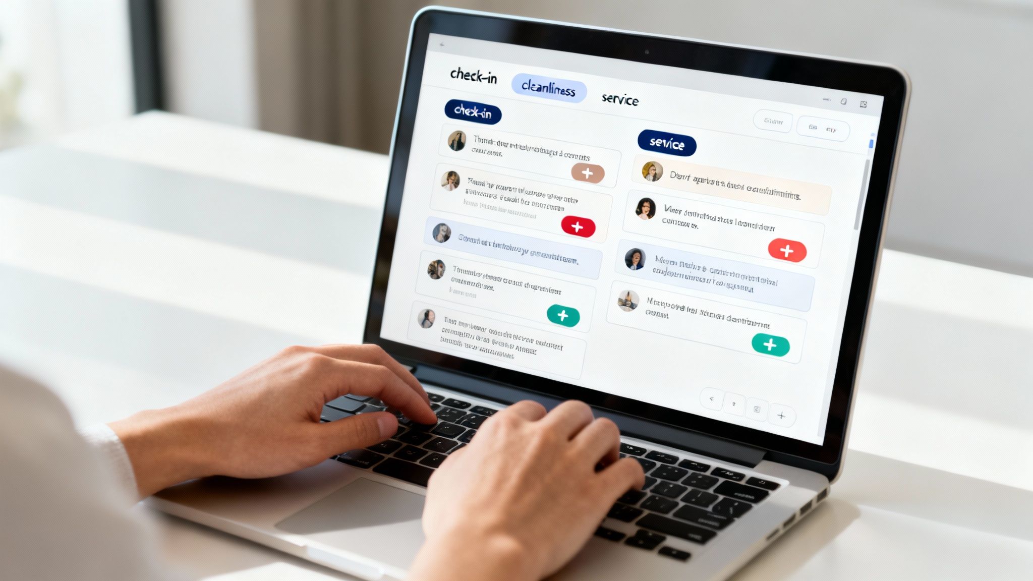 Person using laptop displaying hotel management software with check-in, cleanliness, and service tabs interface