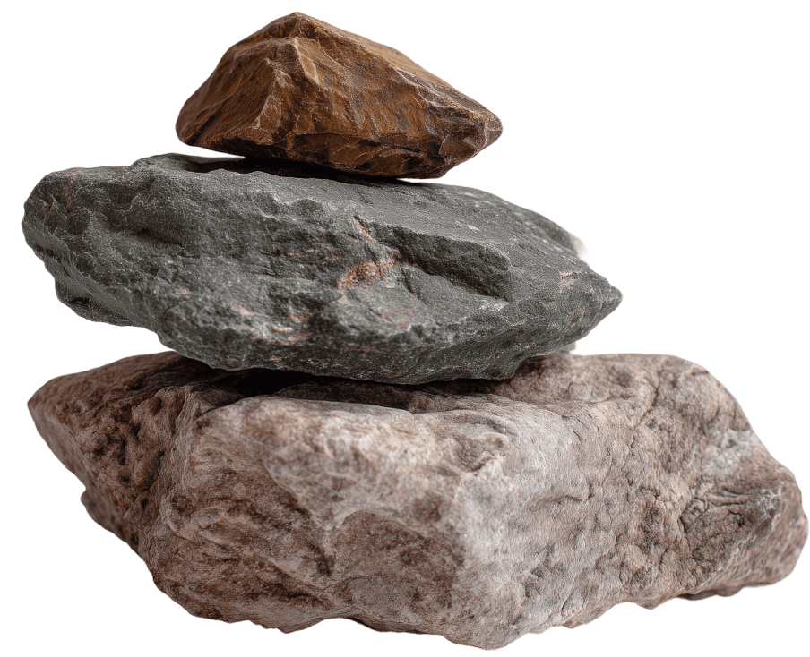 A stack of three natural stones, varying in size and color, is placed against a plain background, showcasing texture and geological diversity.