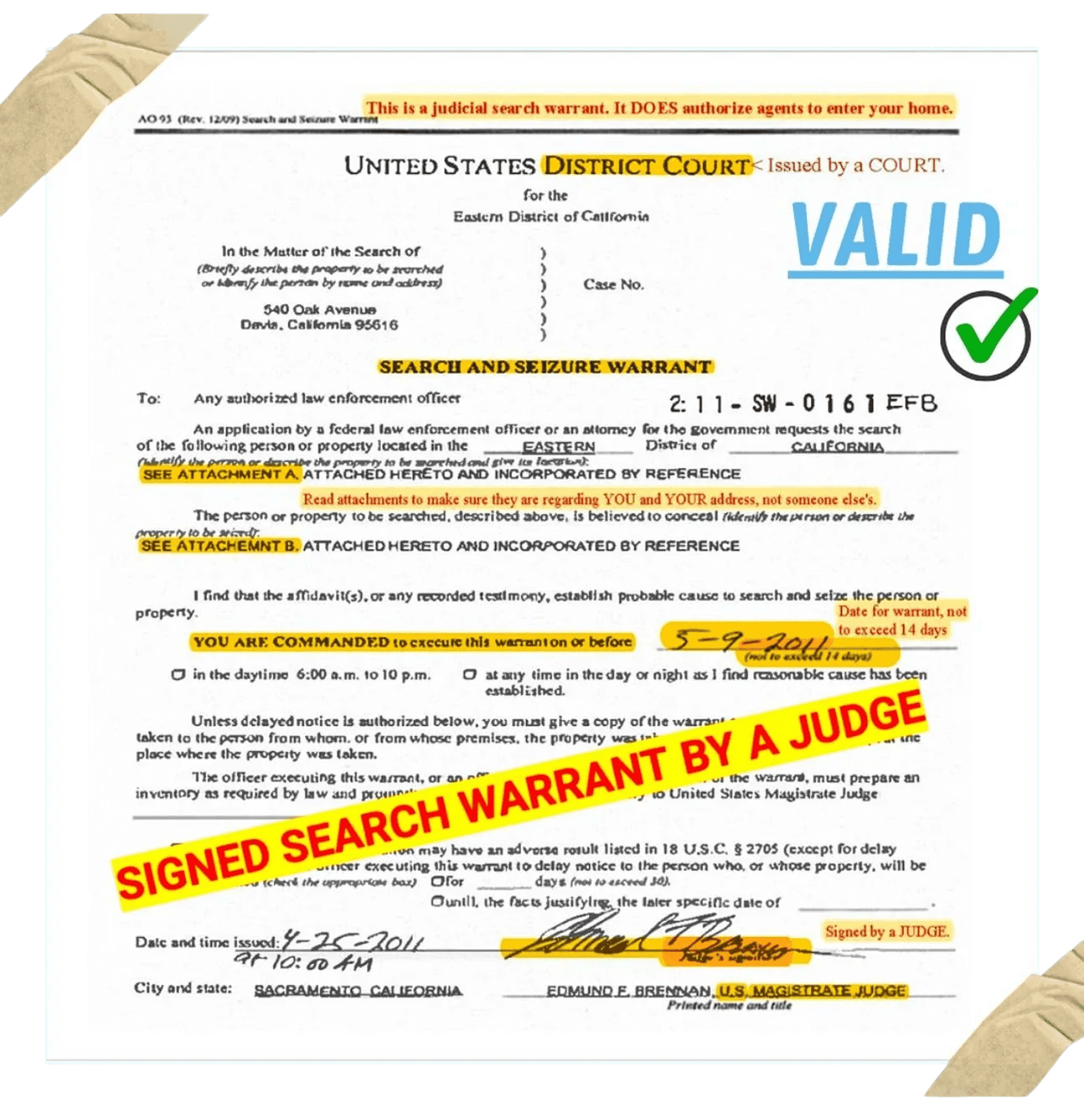This image features a judicial search and seizure warrant issued by a U.S. District Court, valid and signed by a judge, with highlighted sections and a green checkmark indicating its authenticity.