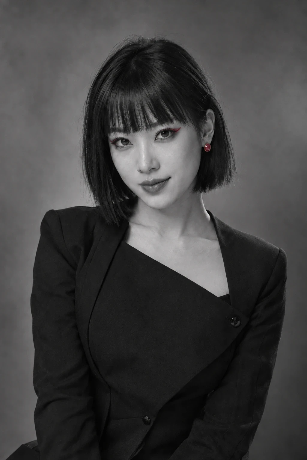 Selective-colour version: Inès, D’CALOR makeup artist, with a dark bob, straight fringe and an asymmetrical black jacket