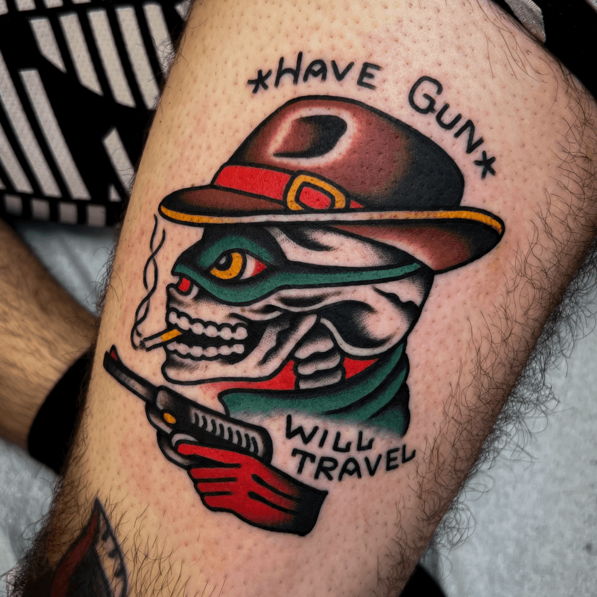 color tattoo of cowboy skull