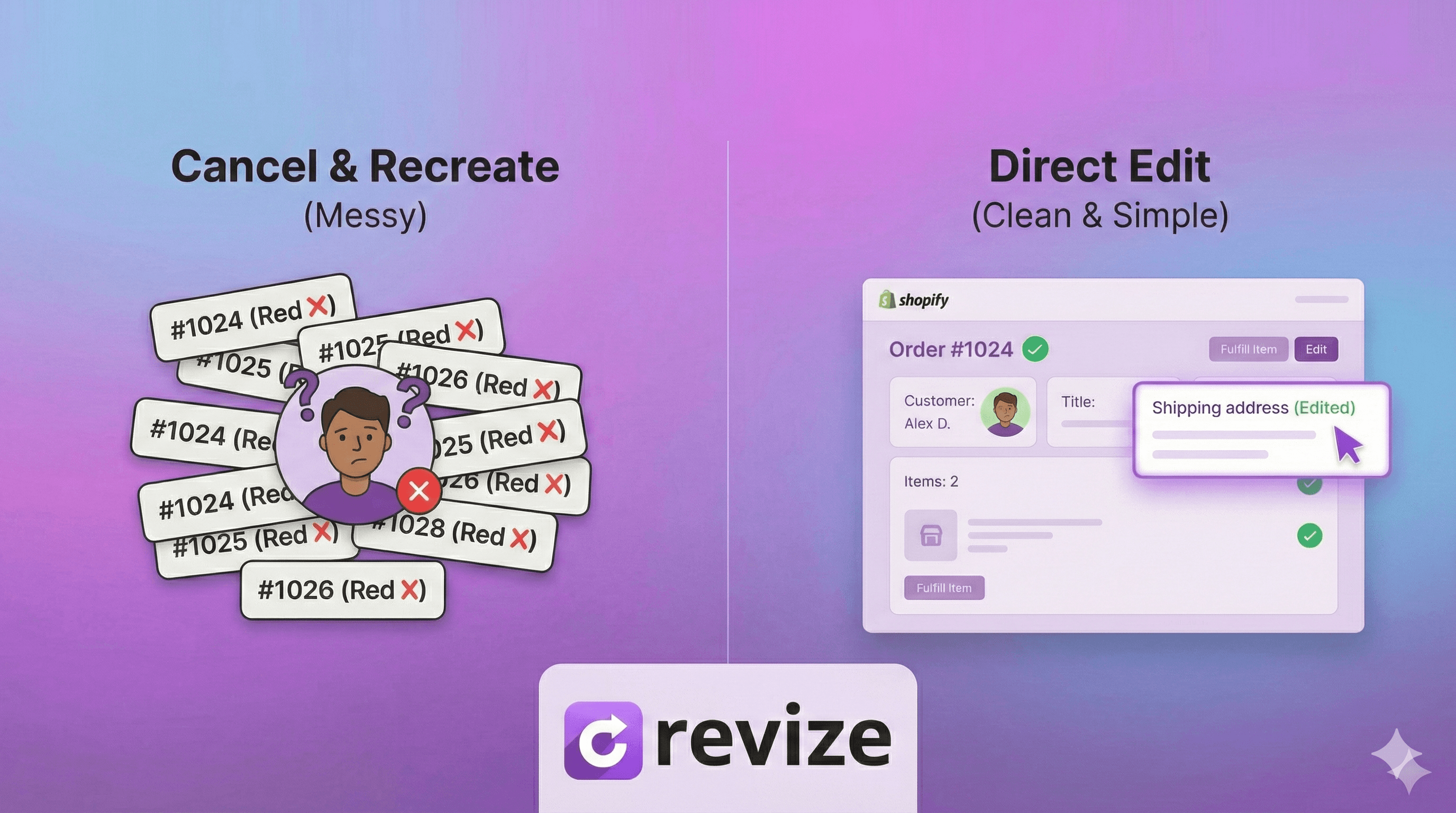 Side-by-side illustration comparing two ways to change an order address on Shopify. The left side shows “Cancel & Recreate (Messy)” with multiple canceled order numbers marked with red Xs and a confused customer. The right side shows “Direct Edit (Clean & Simple)” with a single Shopify order where the shipping address is edited successfully, marked with green check icons, and the Revize logo below.