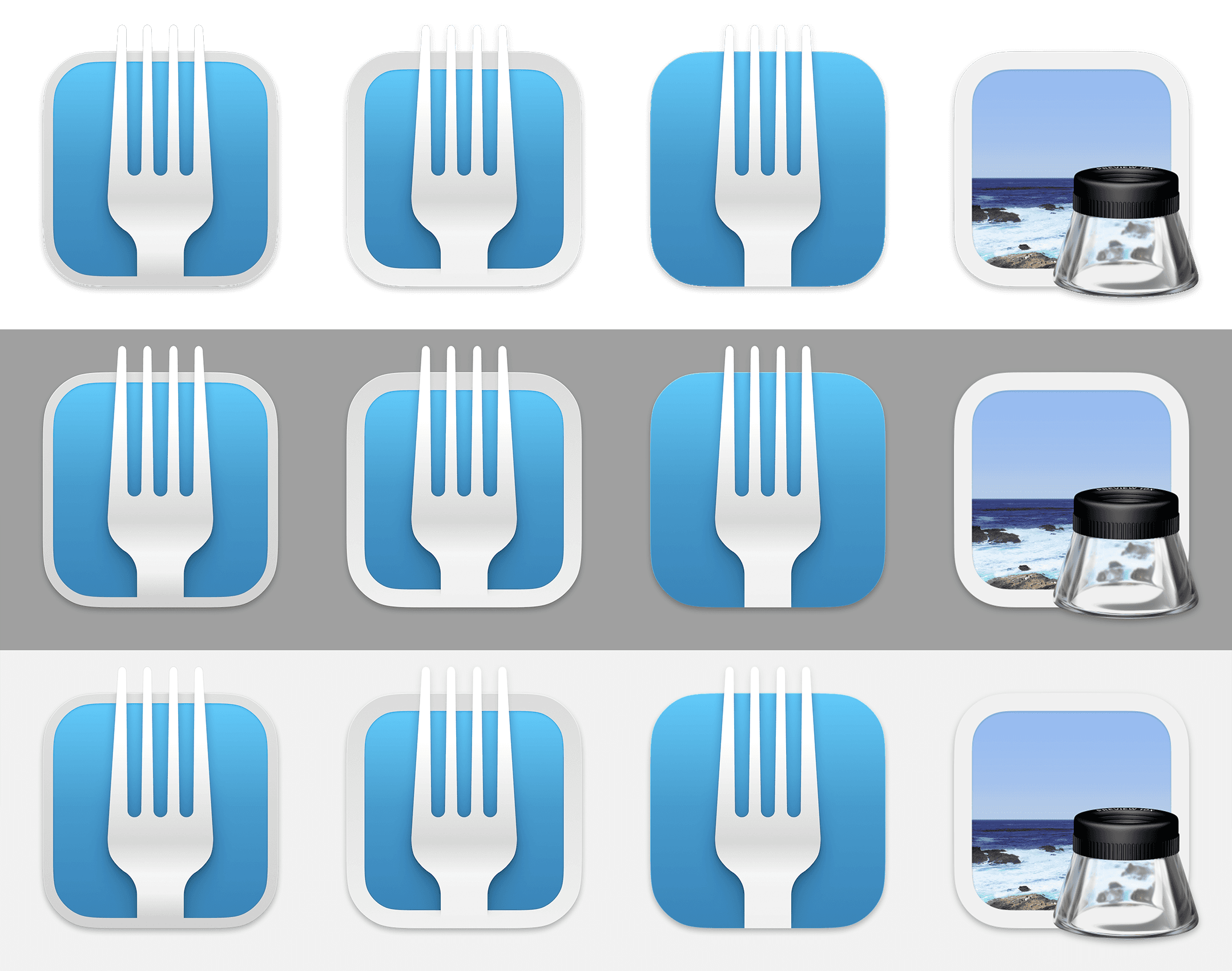 Set of app icons featuring stylized fork symbols and a magnifying glass icon with ocean background