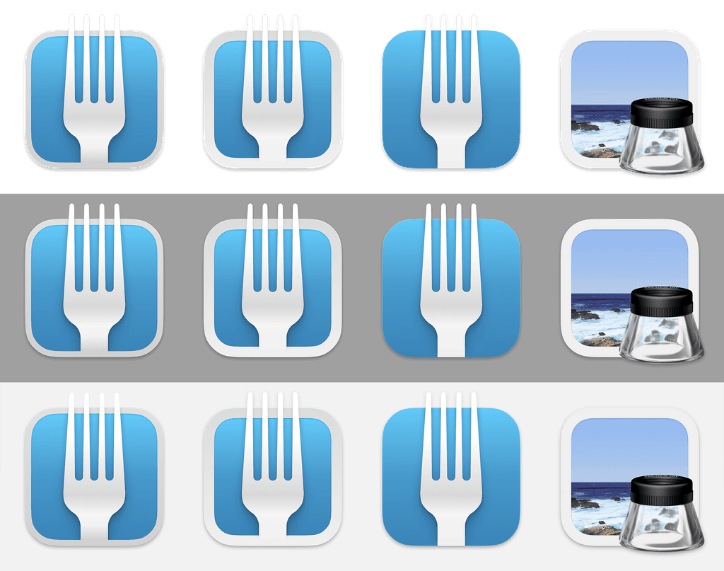 Set of app icons featuring stylized fork symbols and a magnifying glass icon with ocean background