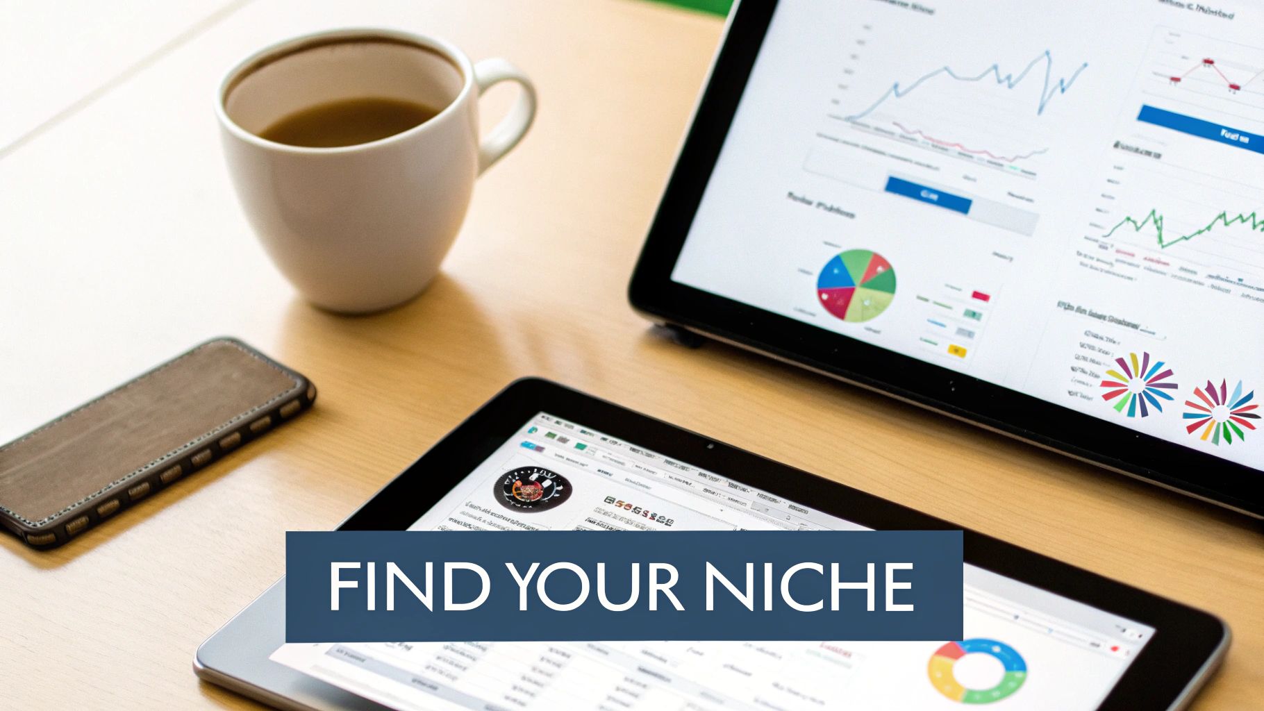 A person using a laptop with charts and social media icons floating around, representing niche research.