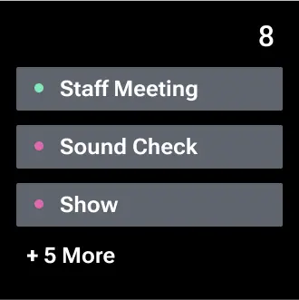 A calendar day in the venue management app shows the scheduled Staff Meeting, Sound Check, Show, and five other events.