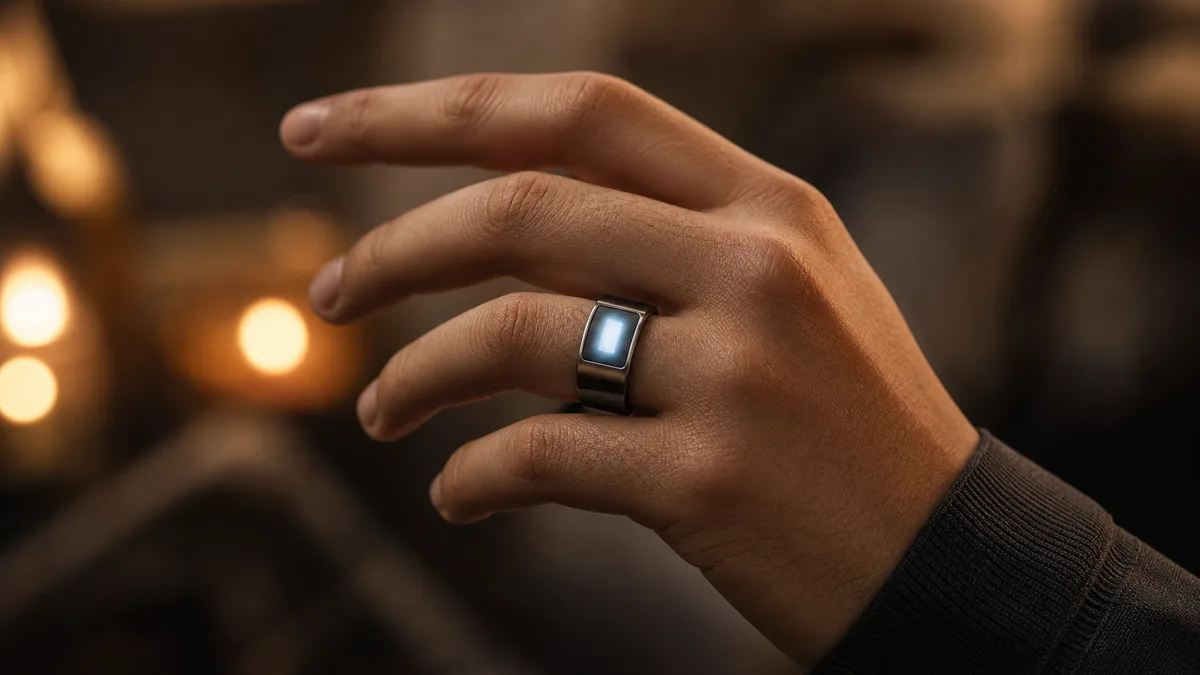Hand wearing a smart tasbih ring with a soft abstract OLED glow in warm evening light