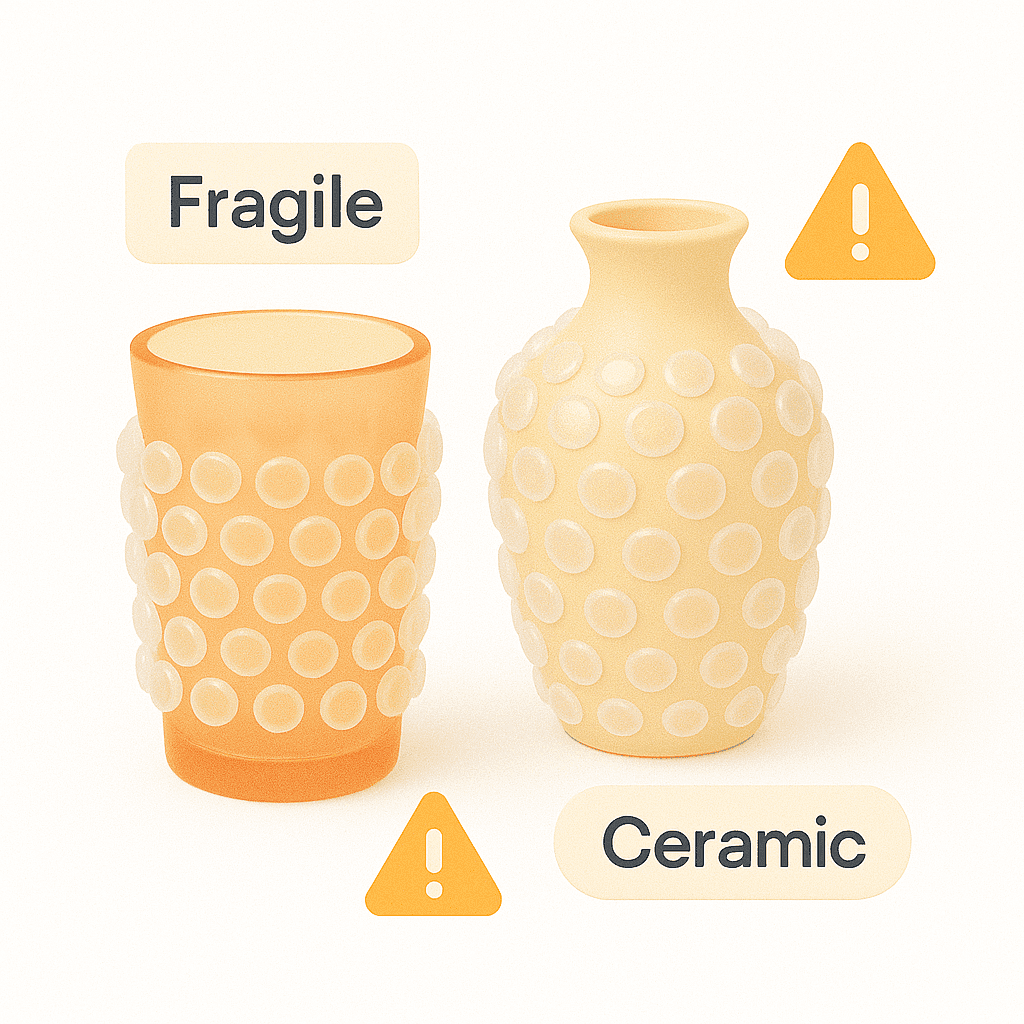 3D illustration of an orange glass and a yellow ceramic vase wrapped in bubble wrap, with orange warning triangles and labels reading “Fragile” and “Ceramic.”